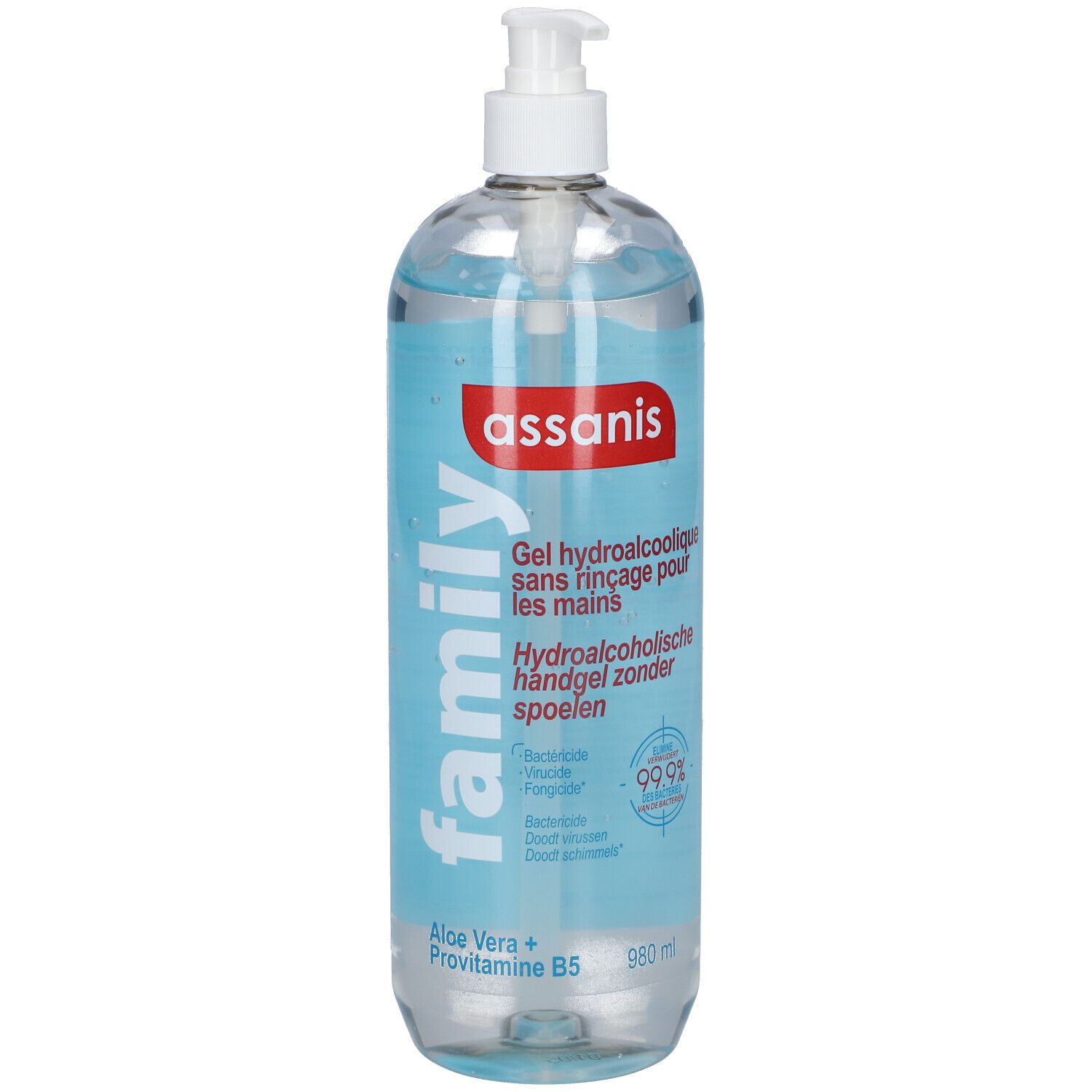 Transparente Flasche mit Pumpe. Aufschrift: assanis, family, Gel hydroalcoolique. Enthält Aloe Vera und Provitamin B5.
