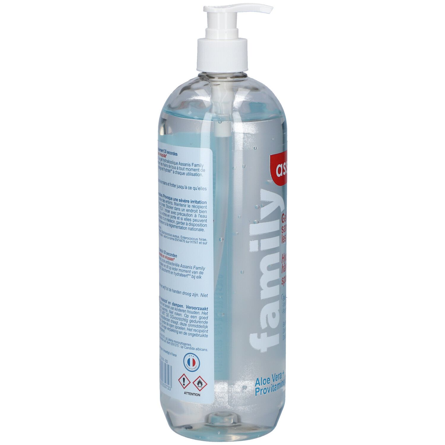 Transparente Flasche mit Pumpe. Aufschrift: assanis, family. Rückseite mit Text in mehreren Sprachen. Gefahrensymbole.