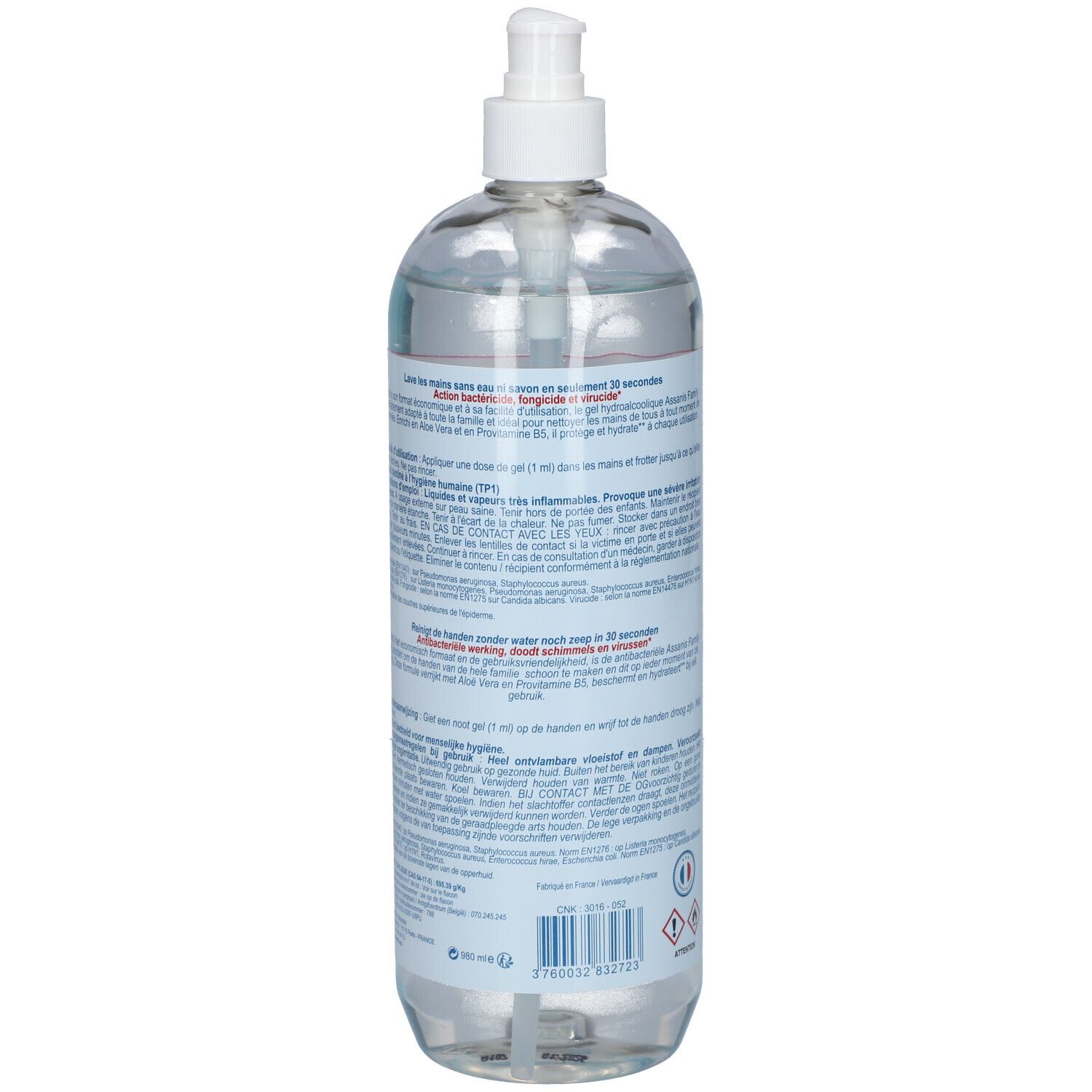Transparente Flasche mit Pumpe. Rückseite mit Text in mehreren Sprachen. Gefahrensymbole und Barcode.