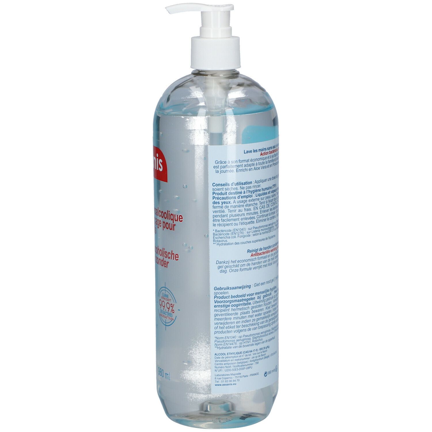 Transparente Flasche mit Pumpe. Aufschrift: assanis, family. Rückseite mit Text in mehreren Sprachen.