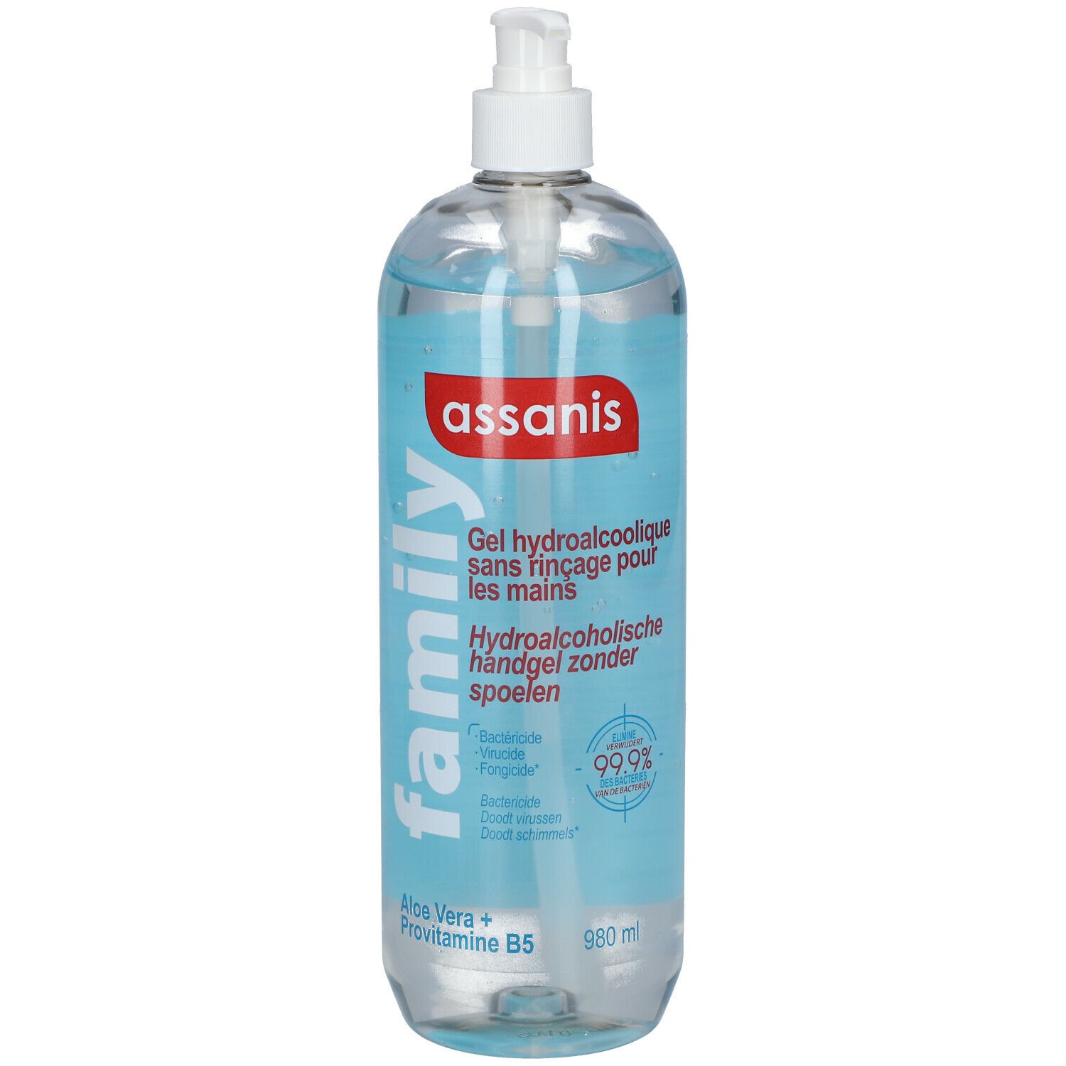 Transparente Flasche mit Pumpe. Aufschrift: assanis, family, Gel hydroalcoolique. Enthält Aloe Vera und Provitamin B5.