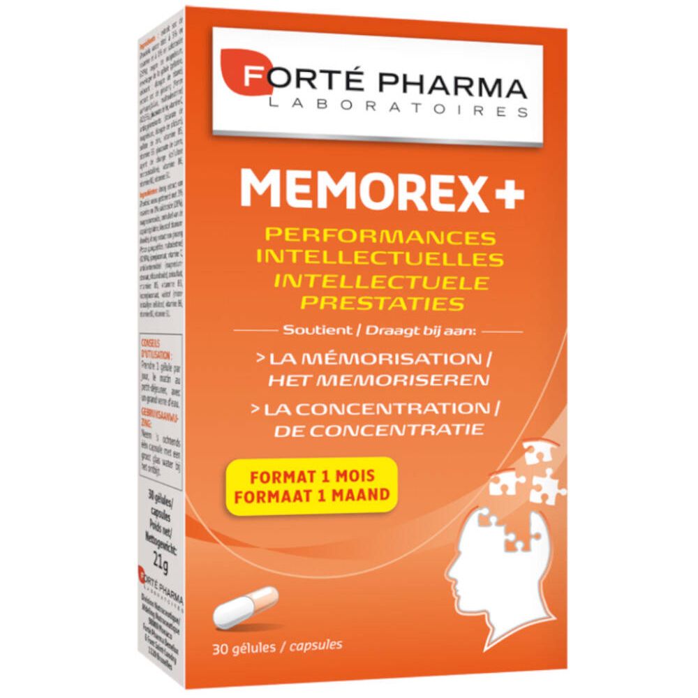 Boîte Forté Pharma Memorex+. Fond orange, nom et logo du produit. 30 gélules, 23g.