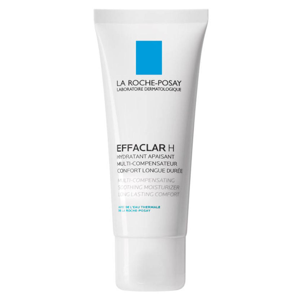 Witte tube met blauw logo. Opschrift: Effaclar H, Hydratant Apaisant, Multi-compensateur, Confort Longue Durée.