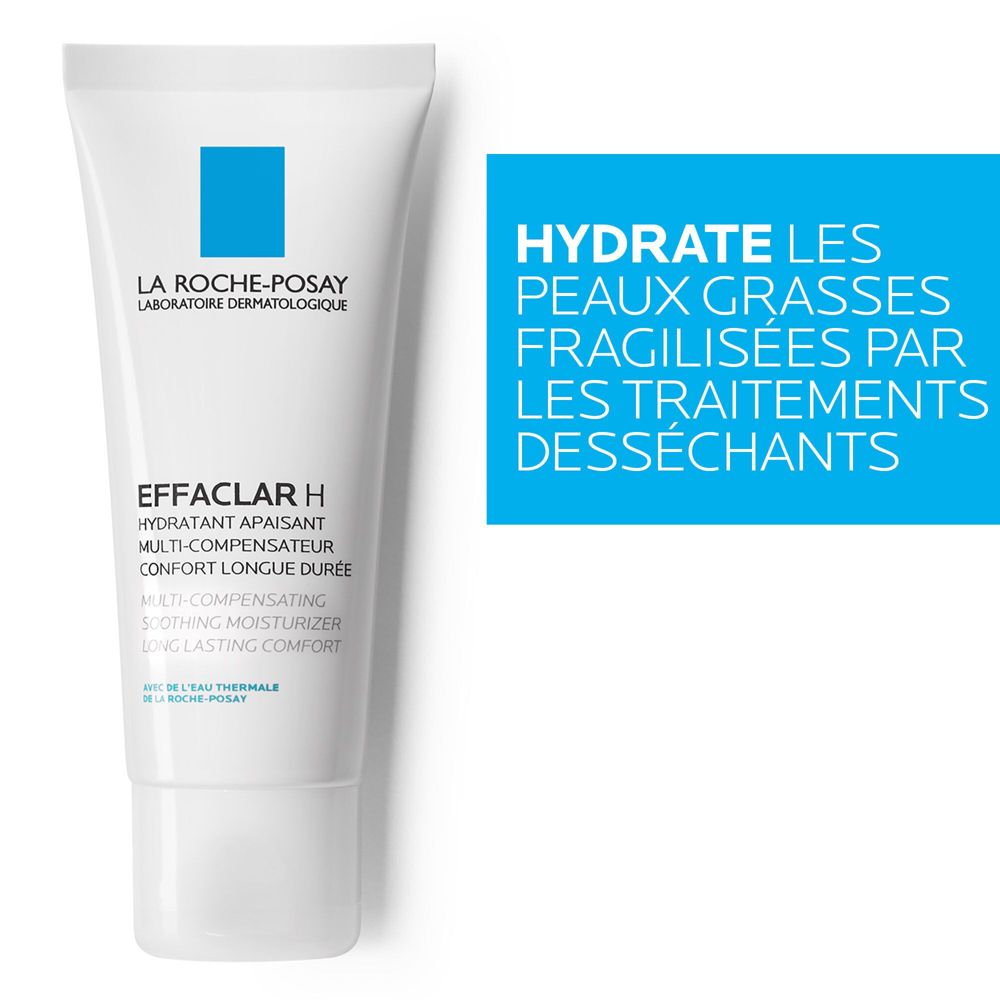 Witte tube met blauw logo. Opschrift: Effaclar H, Hydratant Apaisant, Multi-compensateur, Confort Longue Durée. Tekst: Hydrate les peaux grasses fragilisées.