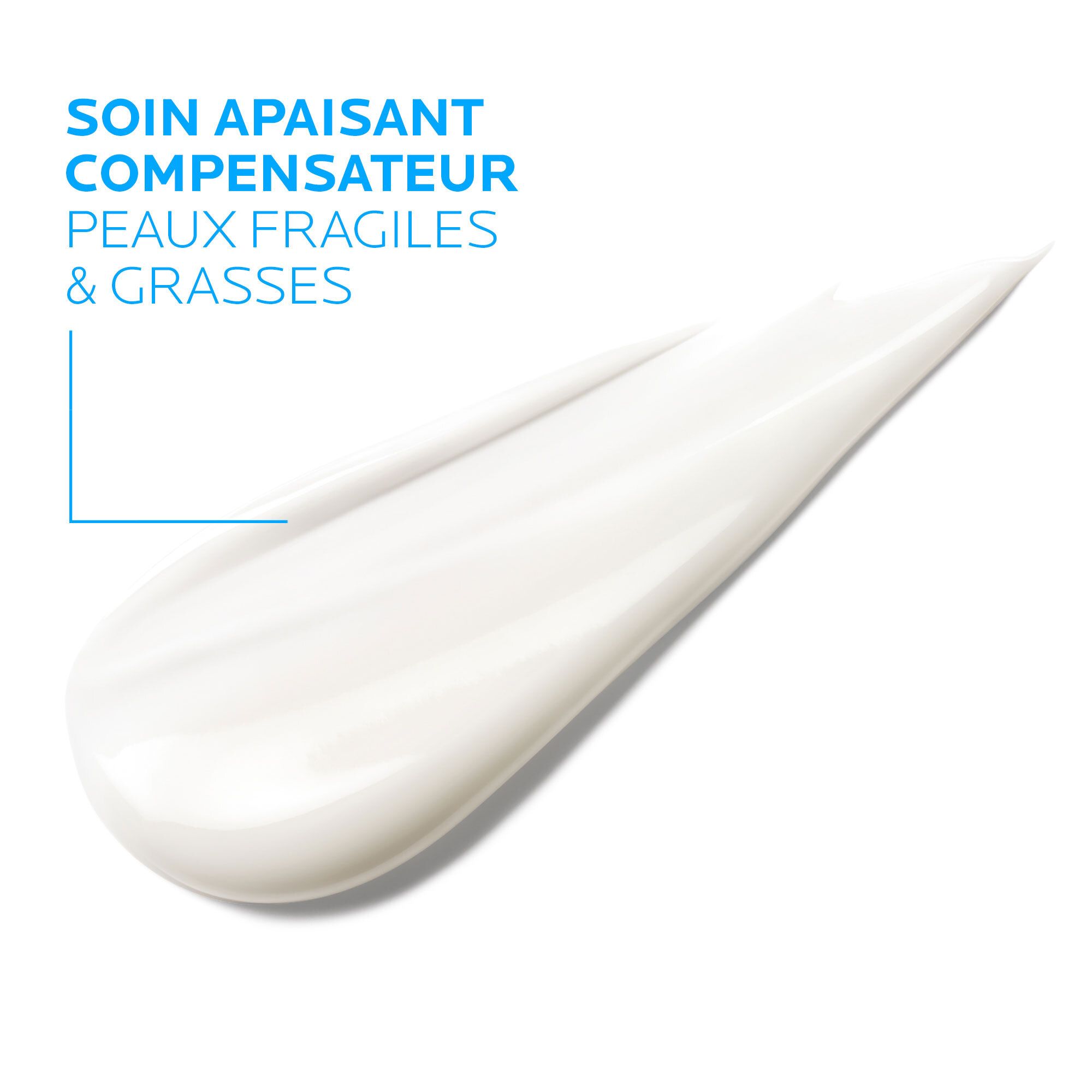 Witte crèmevlek. Tekst: Soin Apaisant Compensateur, Peaux Fragiles & Grasses.