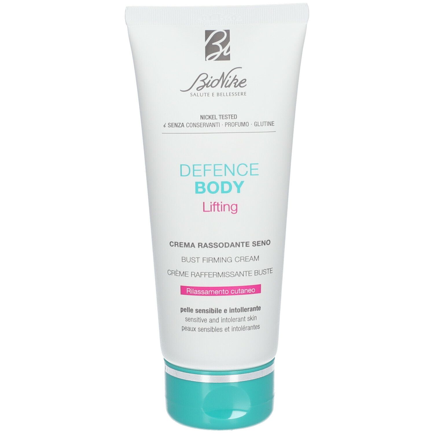 Witte tube met turkoois dop. Opschrift: Defence Body Lifting. Merk: BioNike. Nickel Tested.