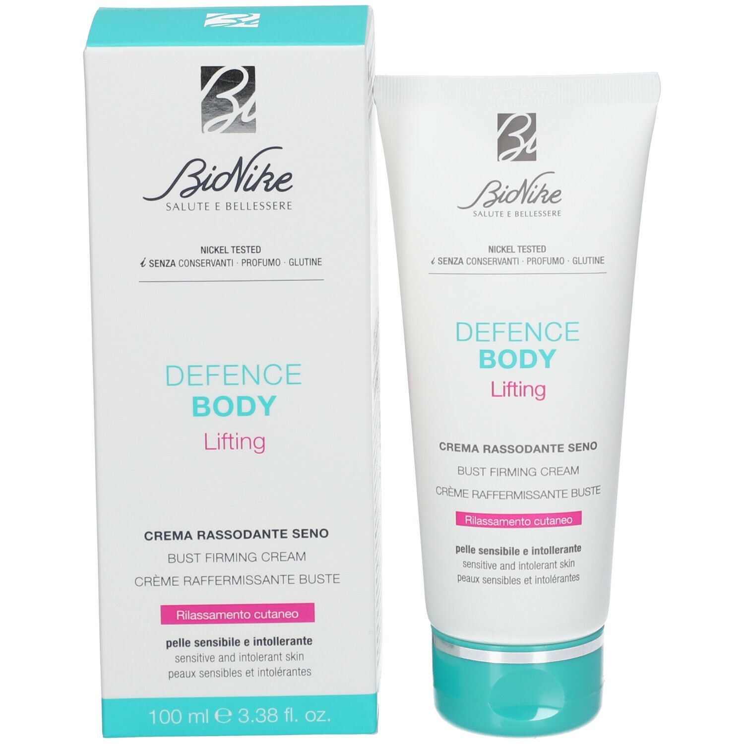 Productverpakking. Tube en doos. Opschrift: Defence Body Lifting. Merk: BioNike. Nickel Tested.