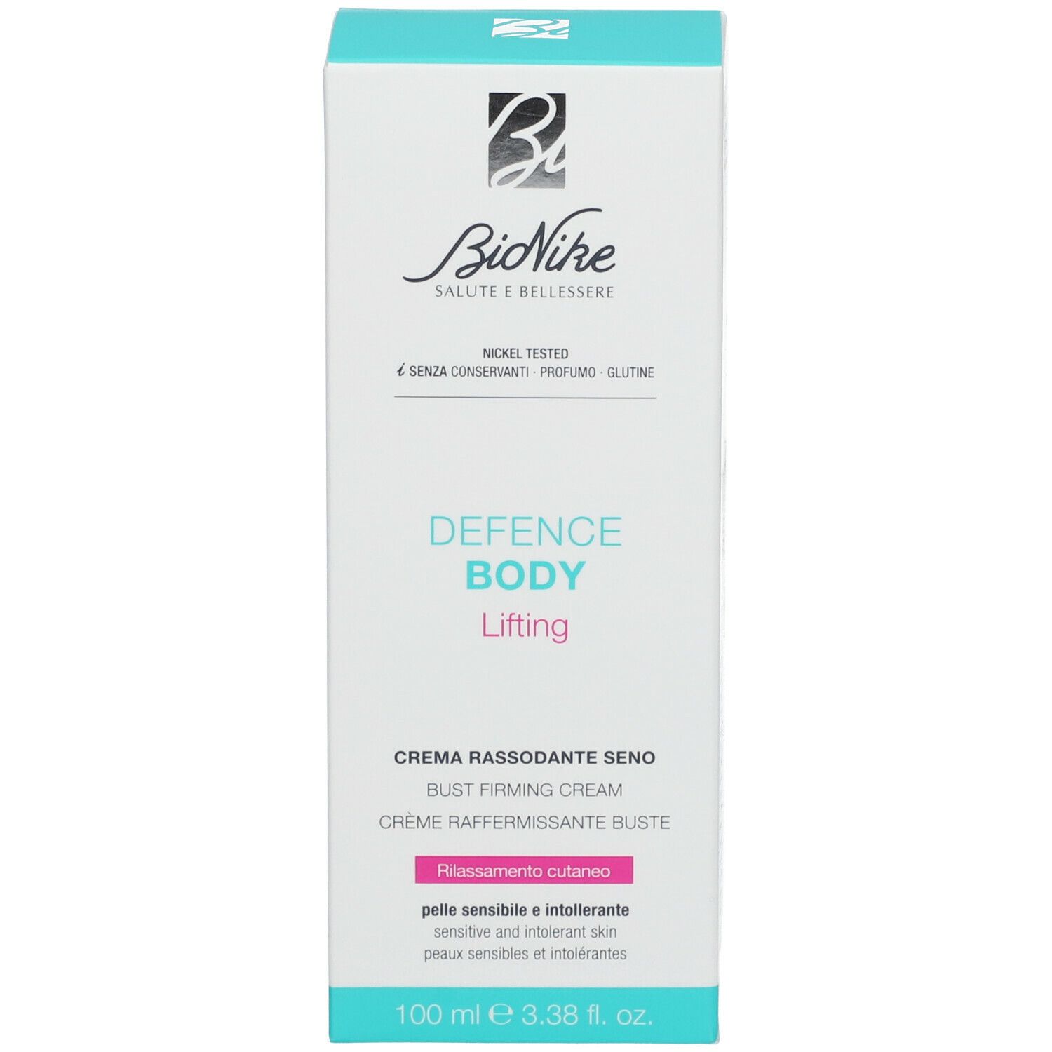 Productverpakking. Doos. Opschrift: Defence Body Lifting. Merk: BioNike. Nickel Tested.