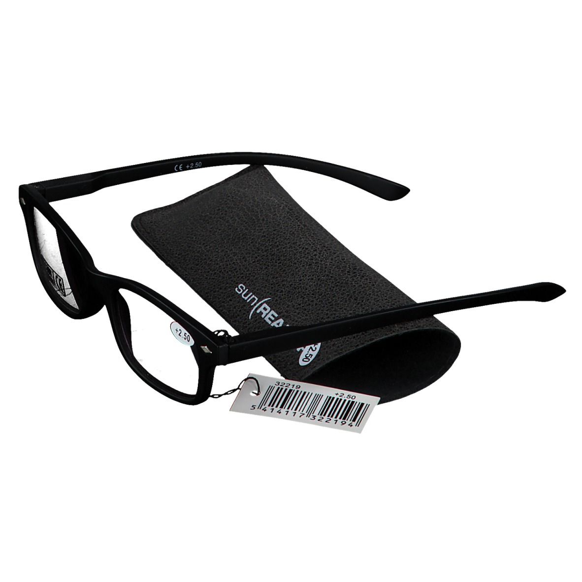 Lunettes de lecture solaires noires avec étui et étiquette de prix. Monture noire, verres rectangulaires. Étui avec logo SUN READER.