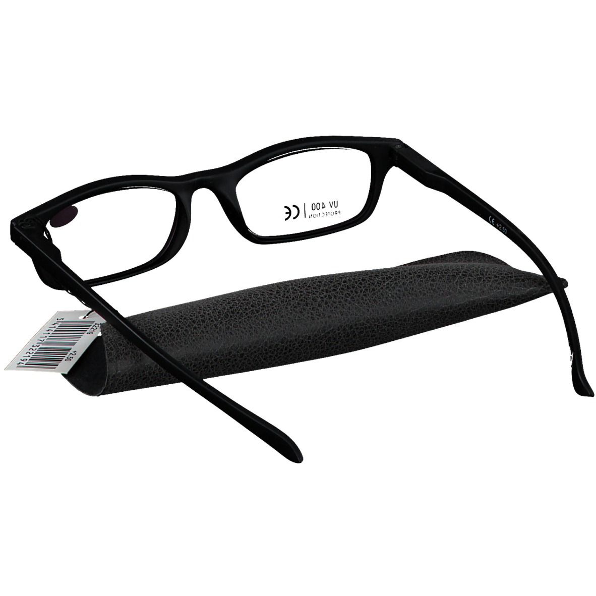 Lunettes de lecture solaires noires avec étui et étiquette de prix. Monture noire, verres rectangulaires. Étui avec logo SUN READER.