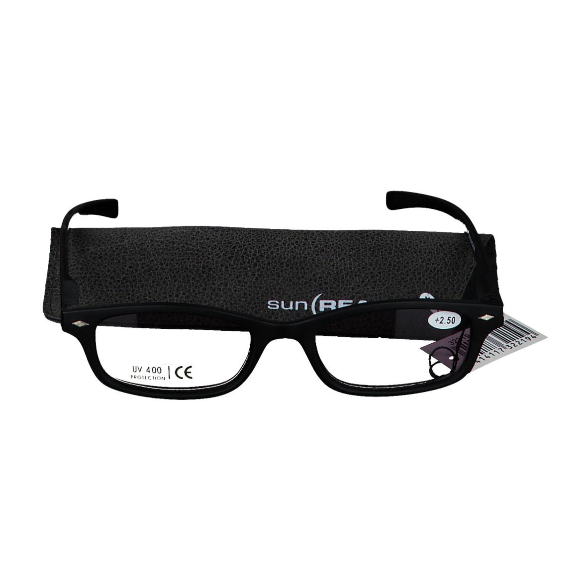 Lunettes de lecture solaires noires avec étui et étiquette de prix. Monture noire, verres rectangulaires. Étui avec logo SUN READER.