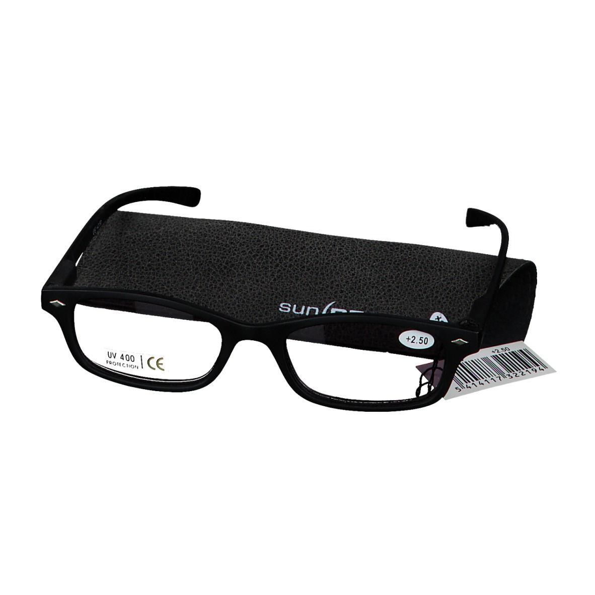 Lunettes de lecture solaires noires avec étui et étiquette de prix. Monture noire, verres rectangulaires. Étui avec logo SUN READER.