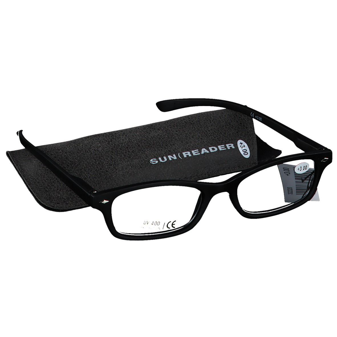 Lunettes de lecture noires avec étui. L'étui porte la mention SUN READER. Les lunettes sont +3.00 dioptries et UV 400.