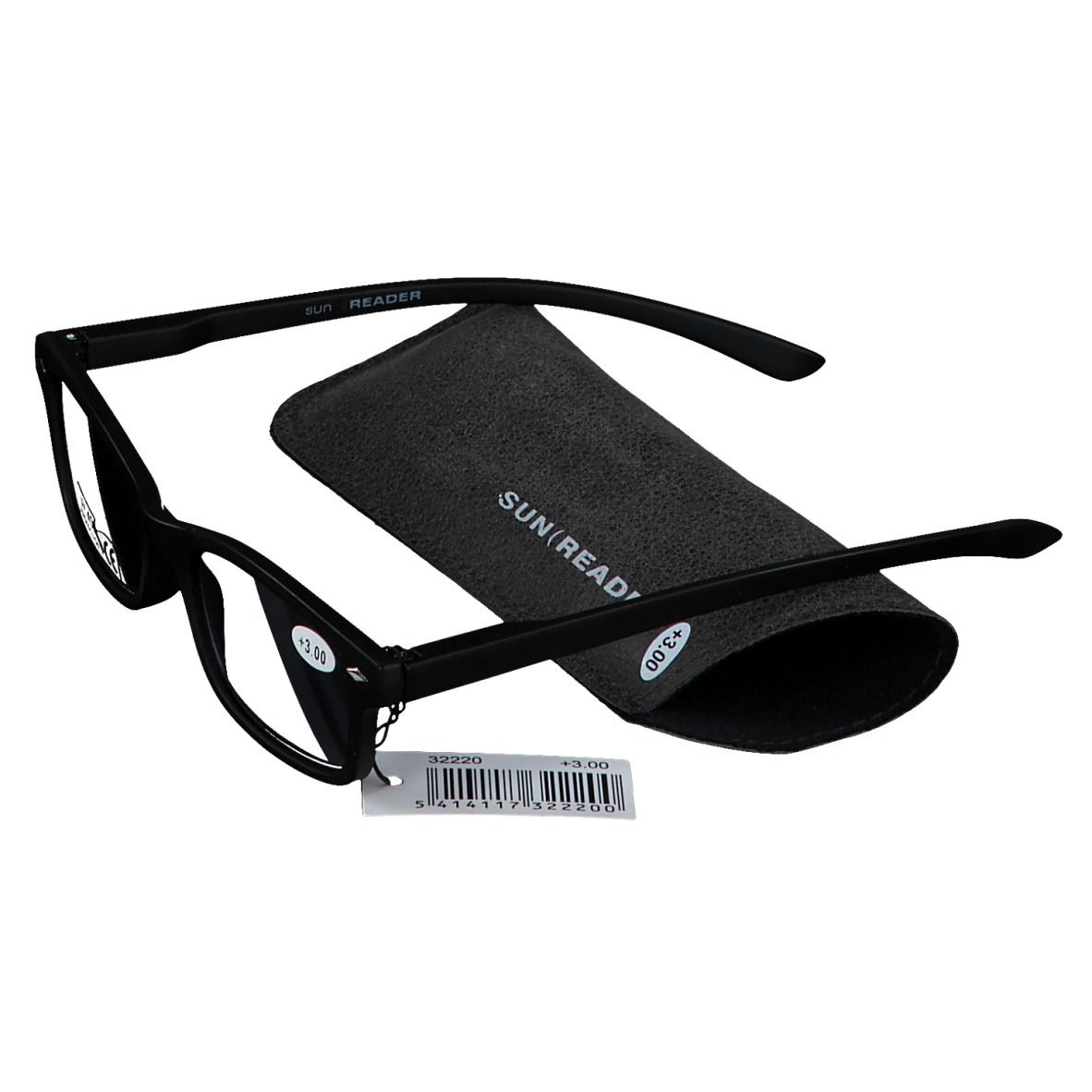 Lunettes de lecture noires avec étui. L'étui porte SUN READER. Les lunettes sont +3.00 dioptries et UV 400. Étiquette de prix.