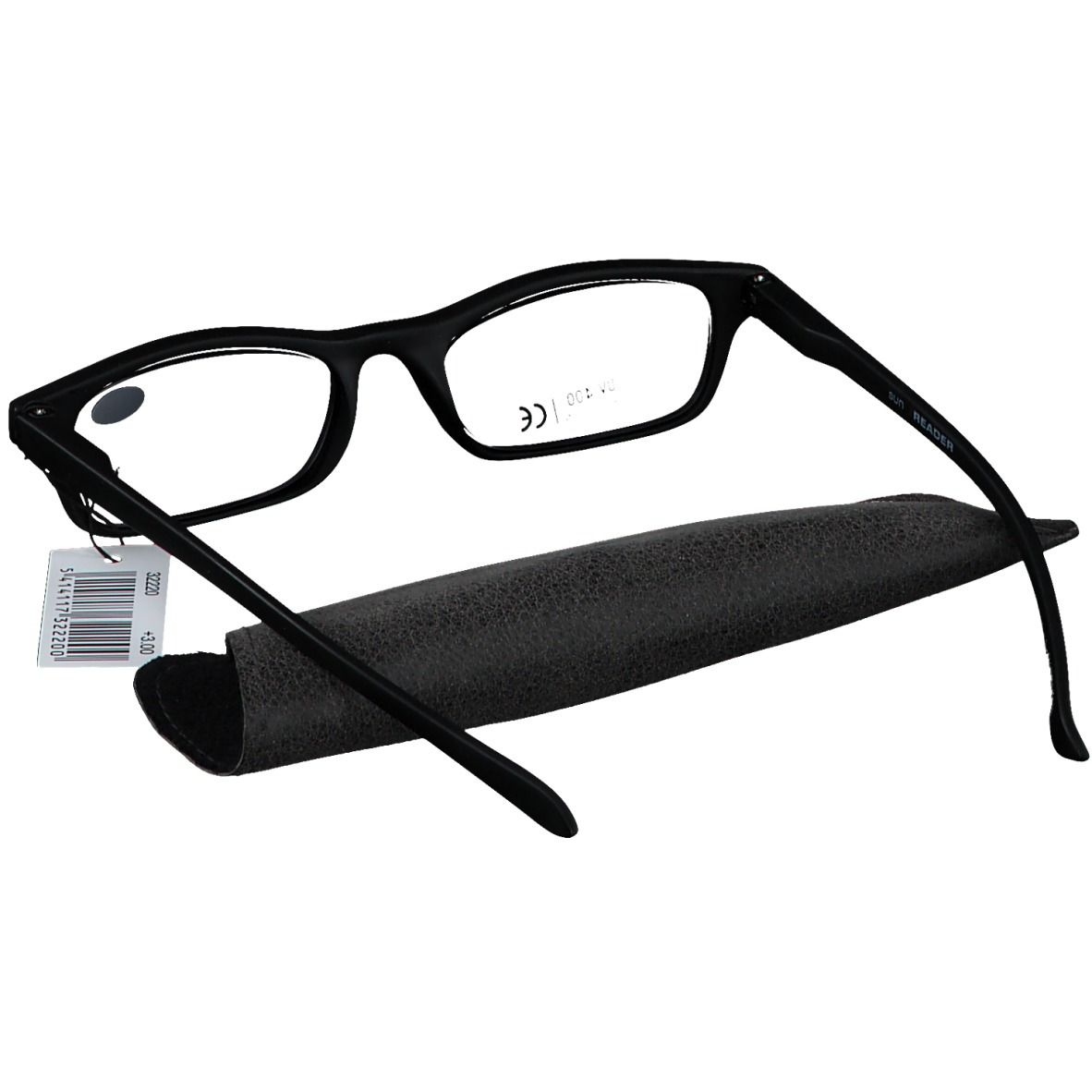 Lunettes de lecture noires avec étui. L'étui porte SUN READER. Les lunettes sont +3.00 dioptries et UV 400. Étiquette de prix.