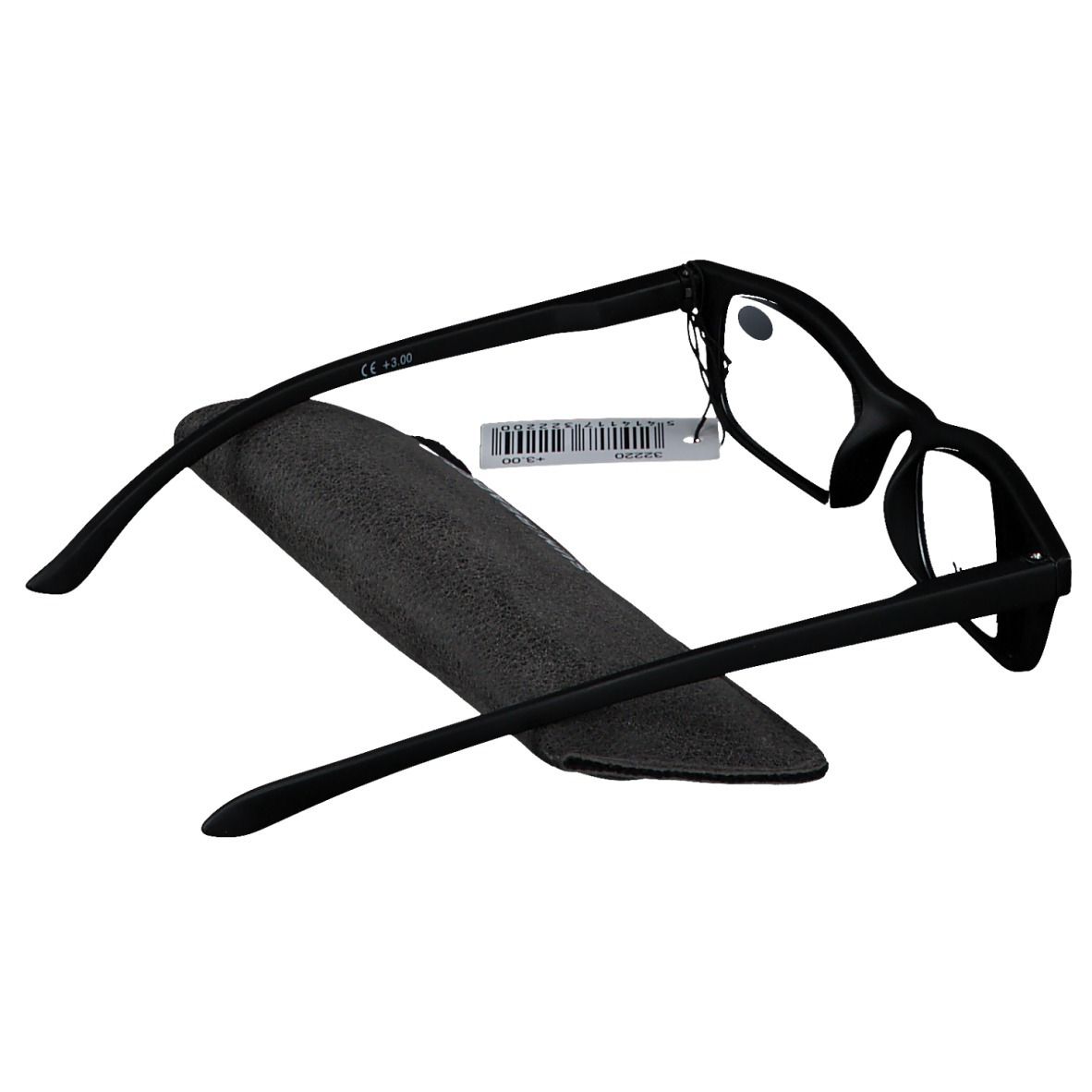 Lunettes de lecture noires avec étui. L'étui porte SUN READER. Les lunettes sont +3.00 dioptries et UV 400. Étiquette de prix.