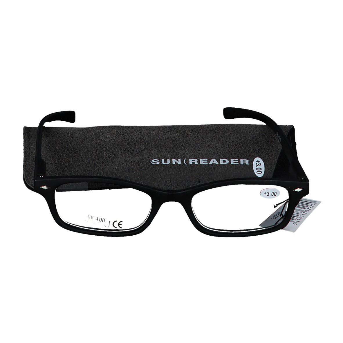 Lunettes de lecture noires avec étui. L'étui porte SUN READER. Les lunettes sont +3.00 dioptries et UV 400. Étiquette de prix.