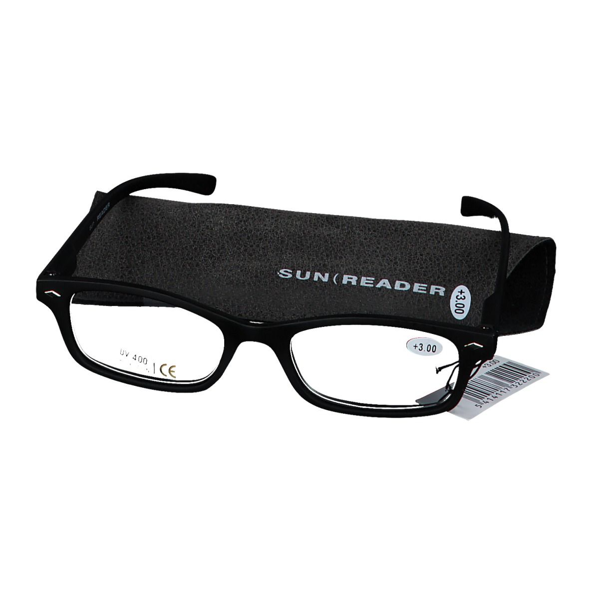 Lunettes de lecture noires avec étui. L'étui porte SUN READER. Les lunettes sont +3.00 dioptries et UV 400. Étiquette de prix.