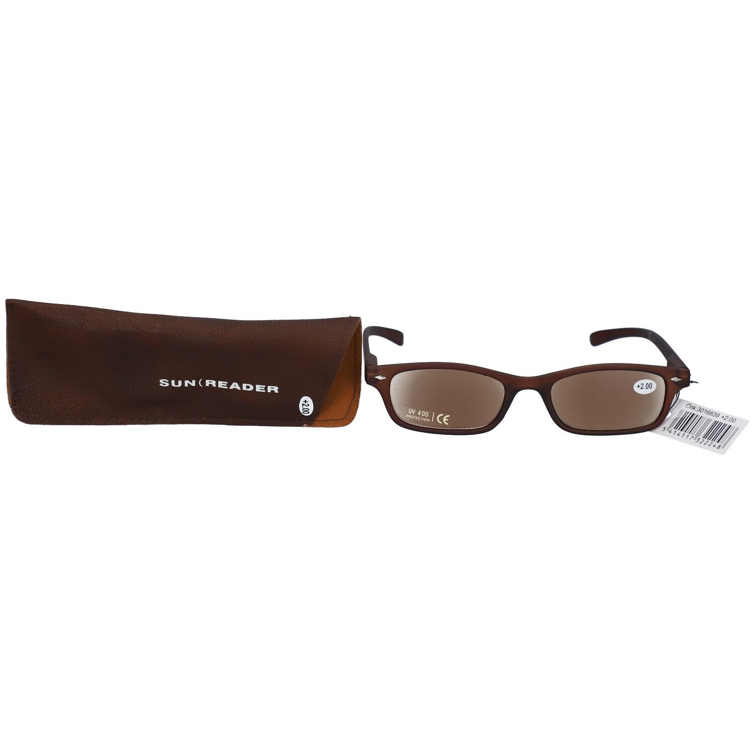 Lunettes de soleil marron avec étui. +2 est écrit sur les lunettes. SUN READER est écrit sur l'étui.