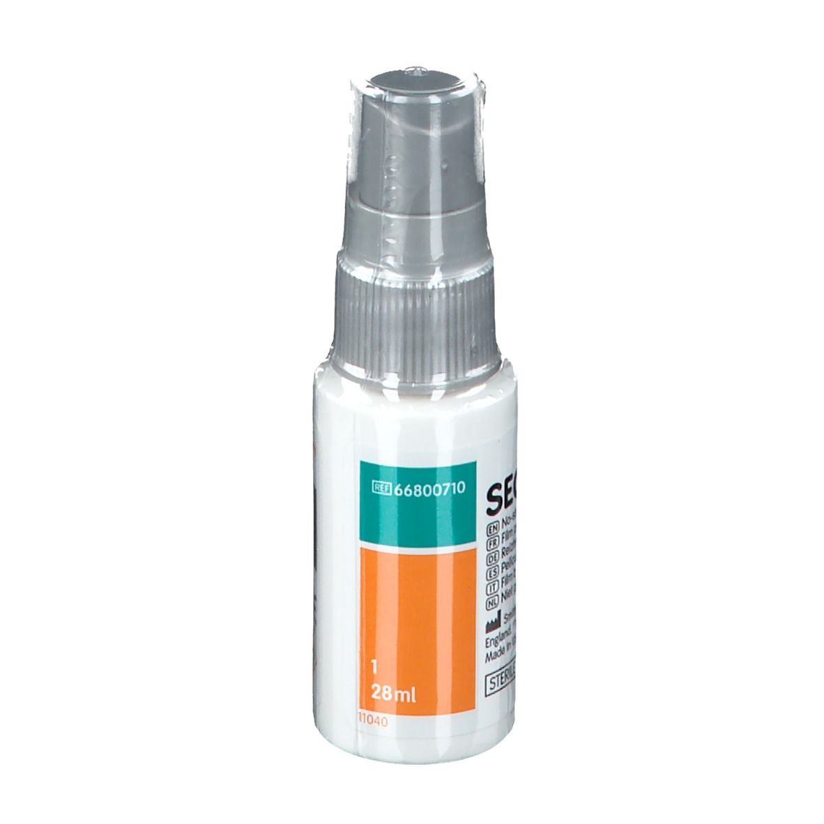 Kleine weiße Flasche mit Sprühkopf. SECURA-Logo und Text. 28ml, Chargennummer, CE-Kennzeichnung.