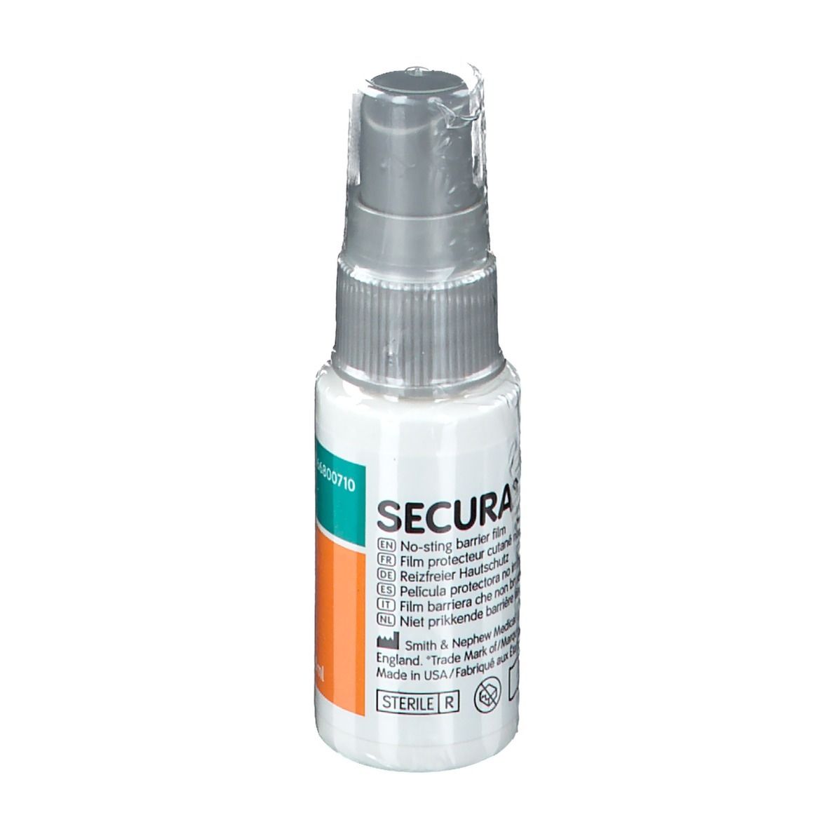 Kleine weiße Flasche mit Sprühkopf. SECURA-Logo und Text. Sterile R-Kennzeichnung.