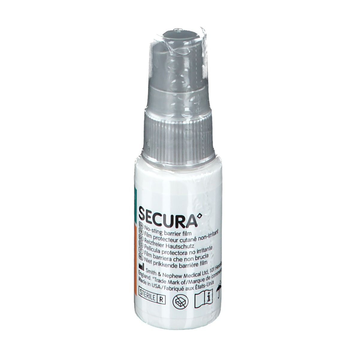 Kleine weiße Flasche mit Sprühkopf. SECURA-Logo und Text. Sterile R-Kennzeichnung.