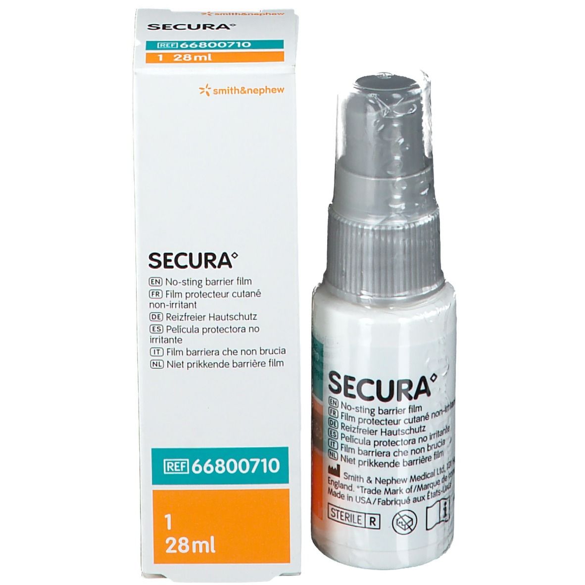 Produktflasche und Verpackung. SECURA-Logo und Text. 28ml. Ref.Nr. 66800710.