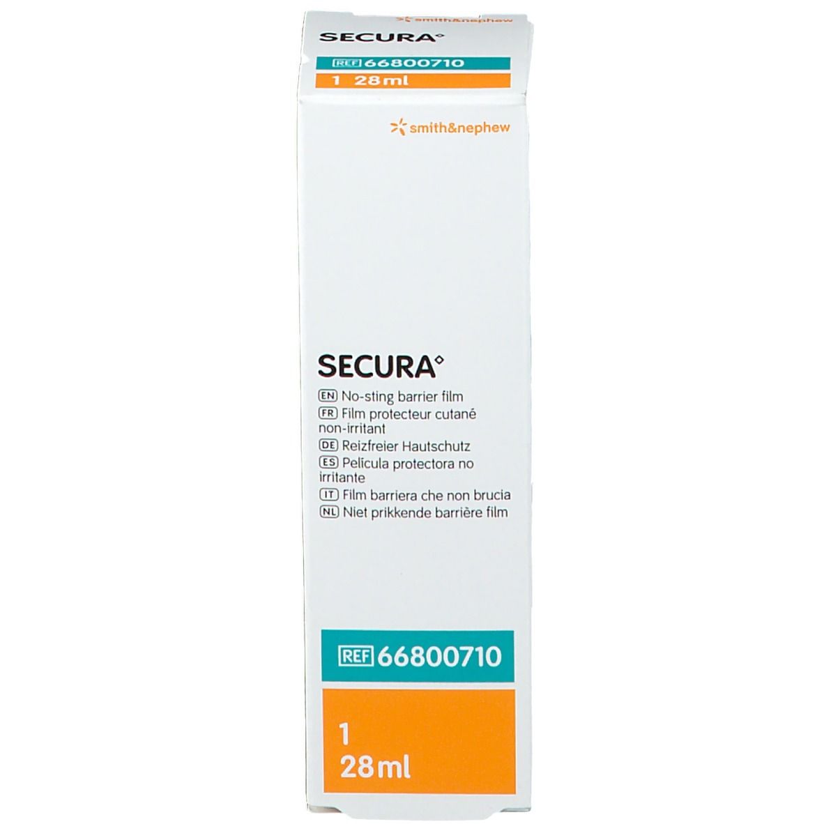 Produktverpackung. SECURA-Logo und Text. 28ml. Ref.Nr. 66800710.