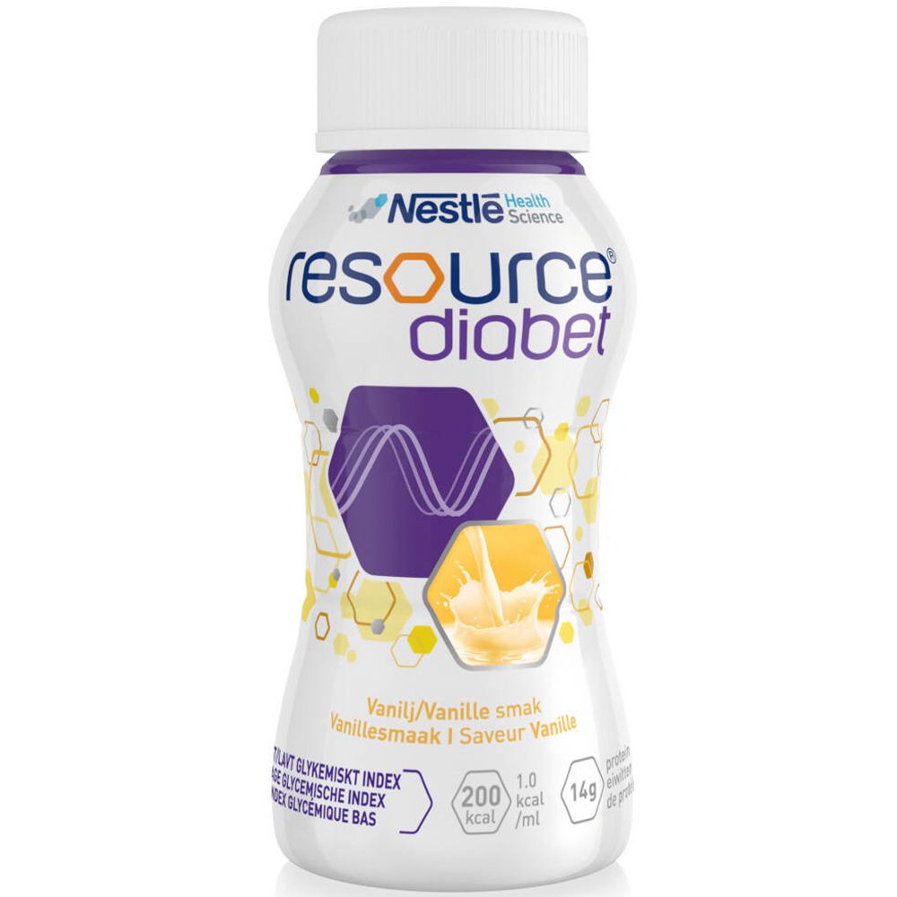 Bouteille avec bouchon blanc, design violet et jaune. Inscription: Resource Diabet. Goût: Vanille. Marque: Nestlé Health Science.