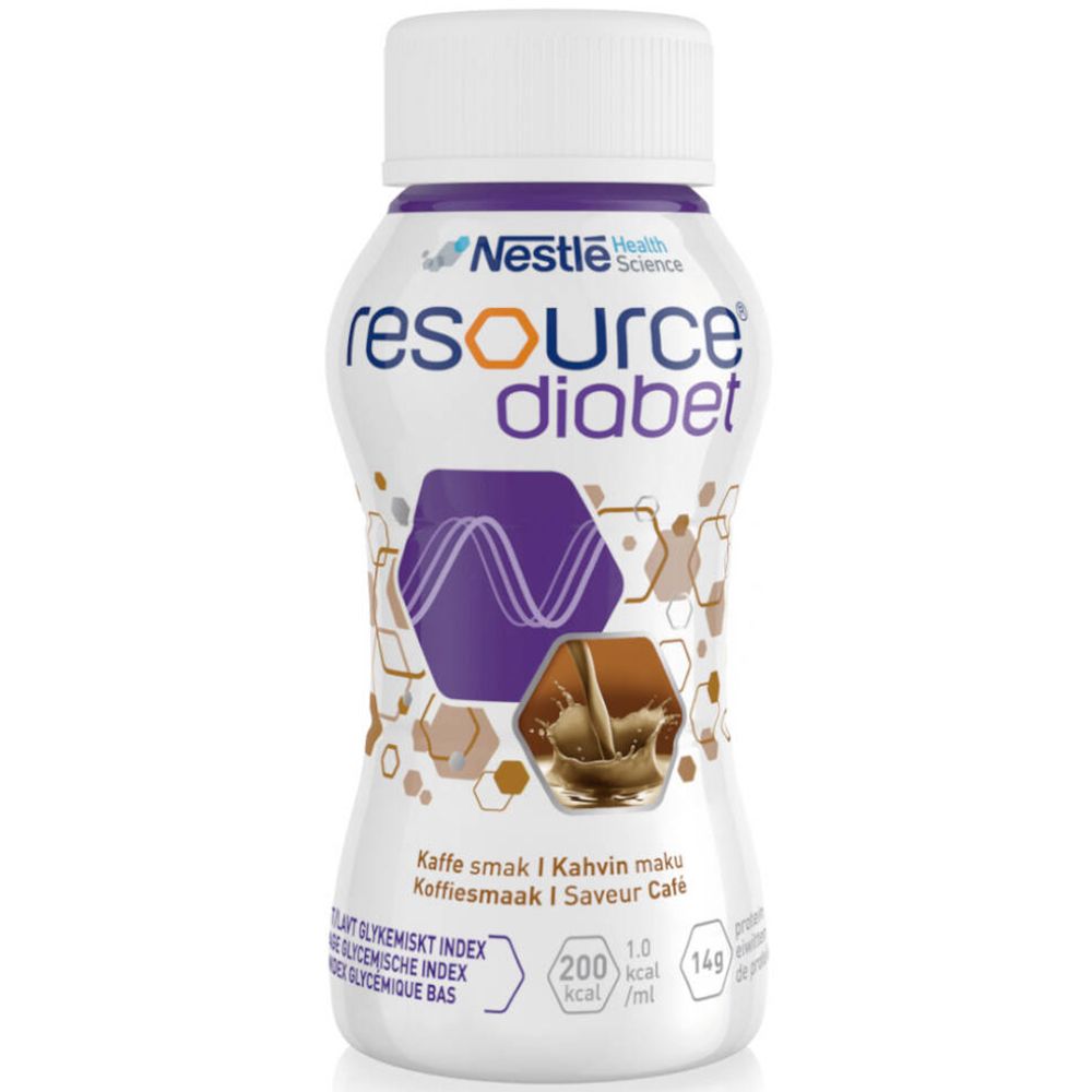 Bouteille avec bouchon blanc. Inscription: Resource Diabet. Goût café. Contient 200 kcal/ml et 14g.