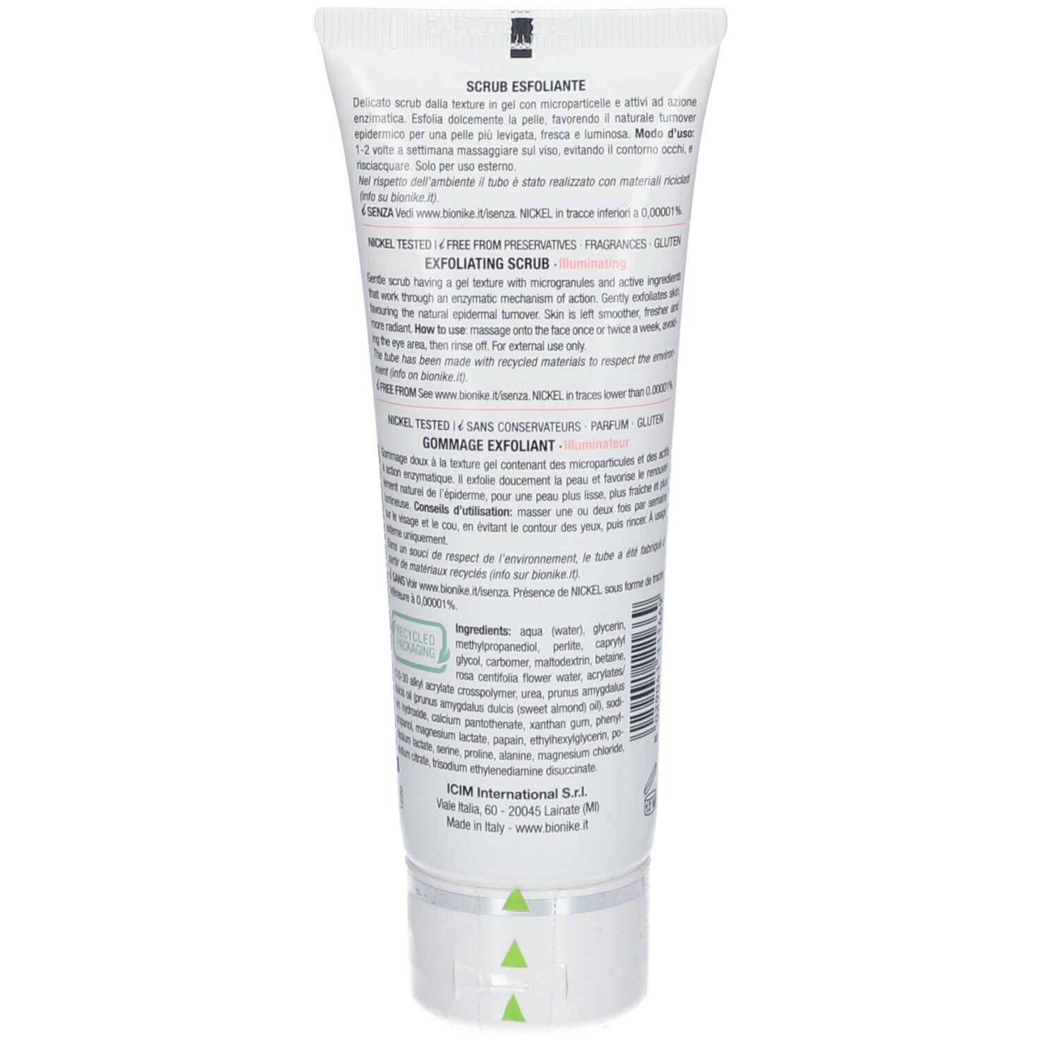 Tube blanc et vert. Texte: SCRUB ESFOLIANTE, GOMMAGE EXFOLIANT. Ingrédients. Testé au nickel. ICIM International S.r.l.