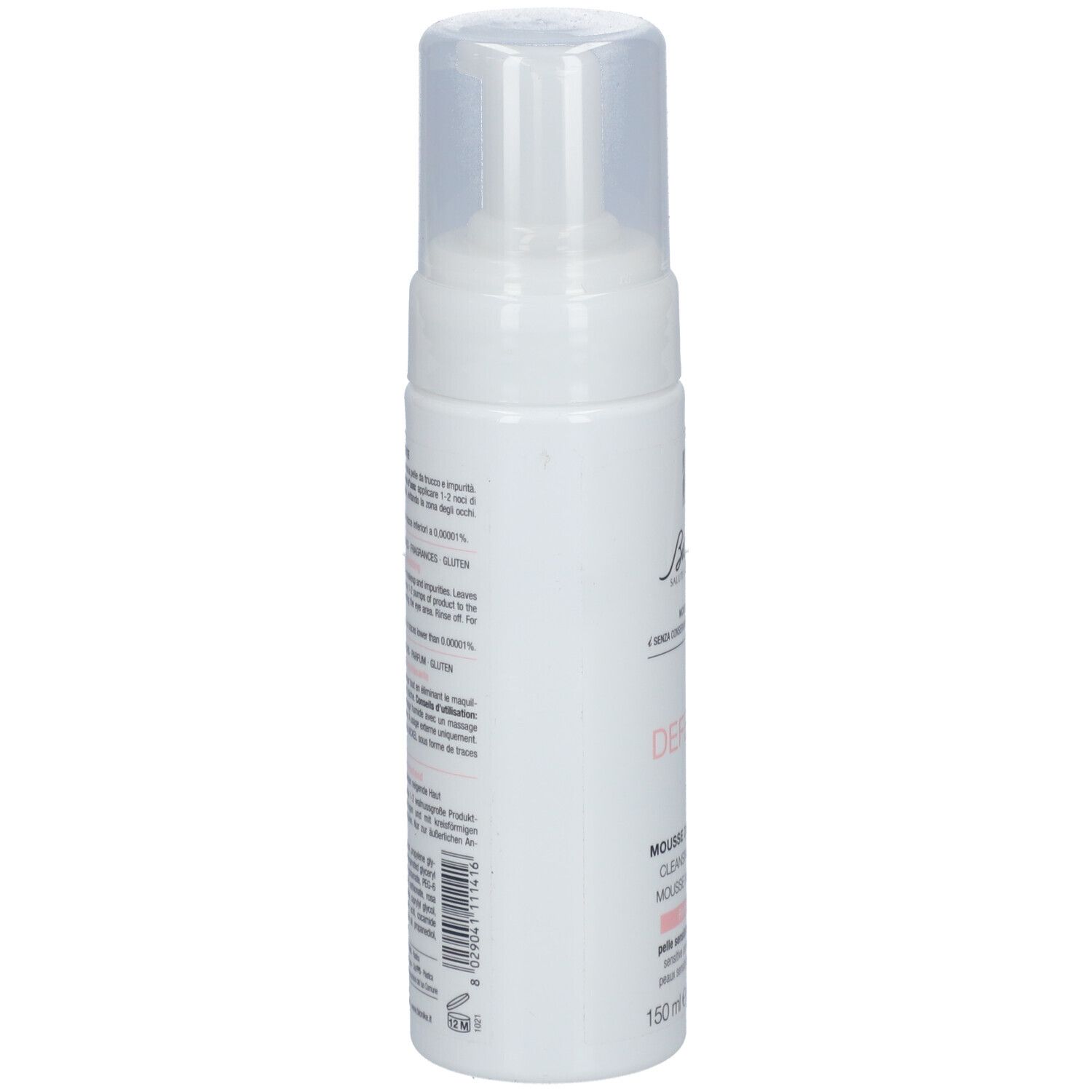 Weiße Flasche mit Sprühkopf. Rückseite mit Text. BioNike DEFENCE Mousse nettoyante.