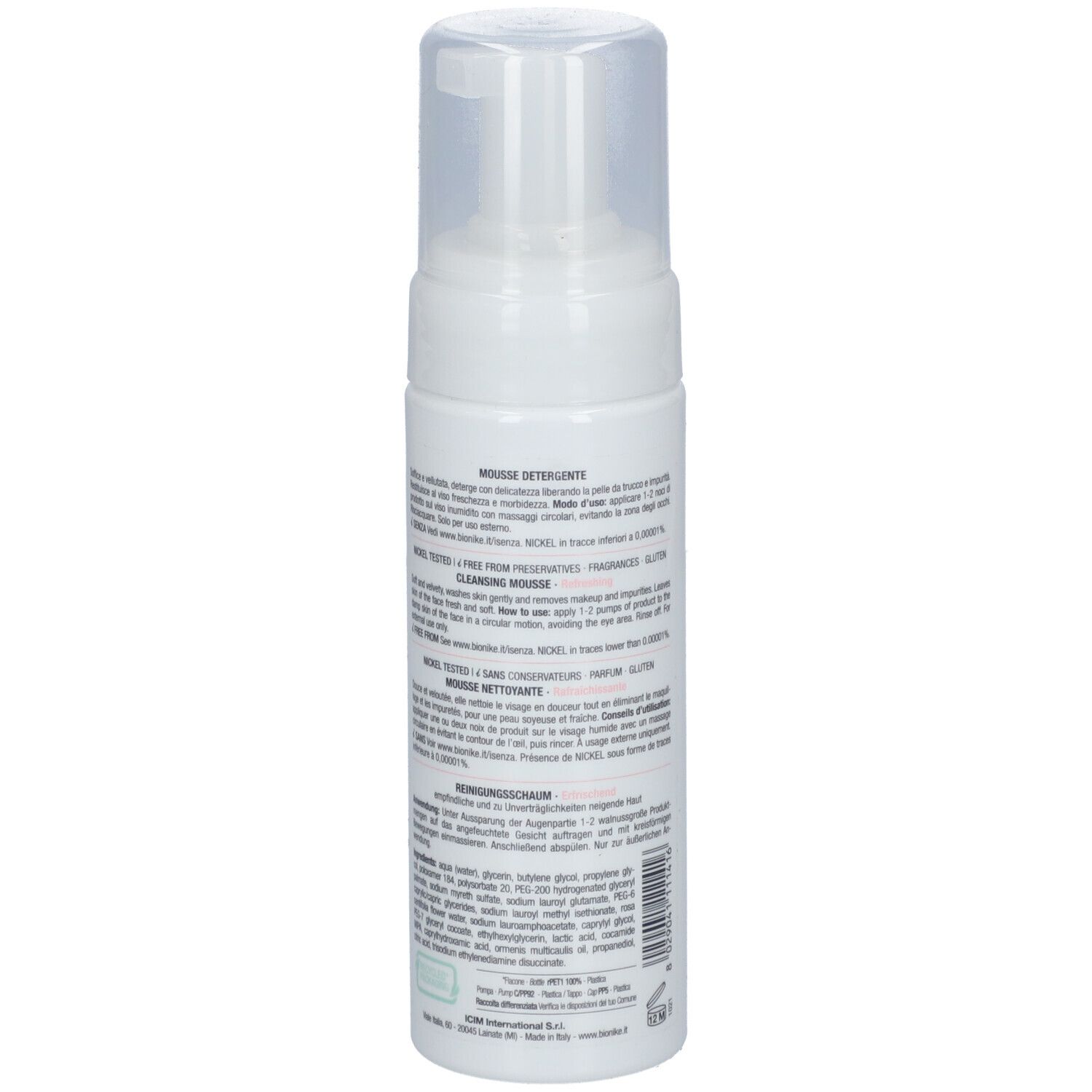 Weiße Flasche mit Sprühkopf. Rückseite mit Text. BioNike DEFENCE Mousse nettoyante.