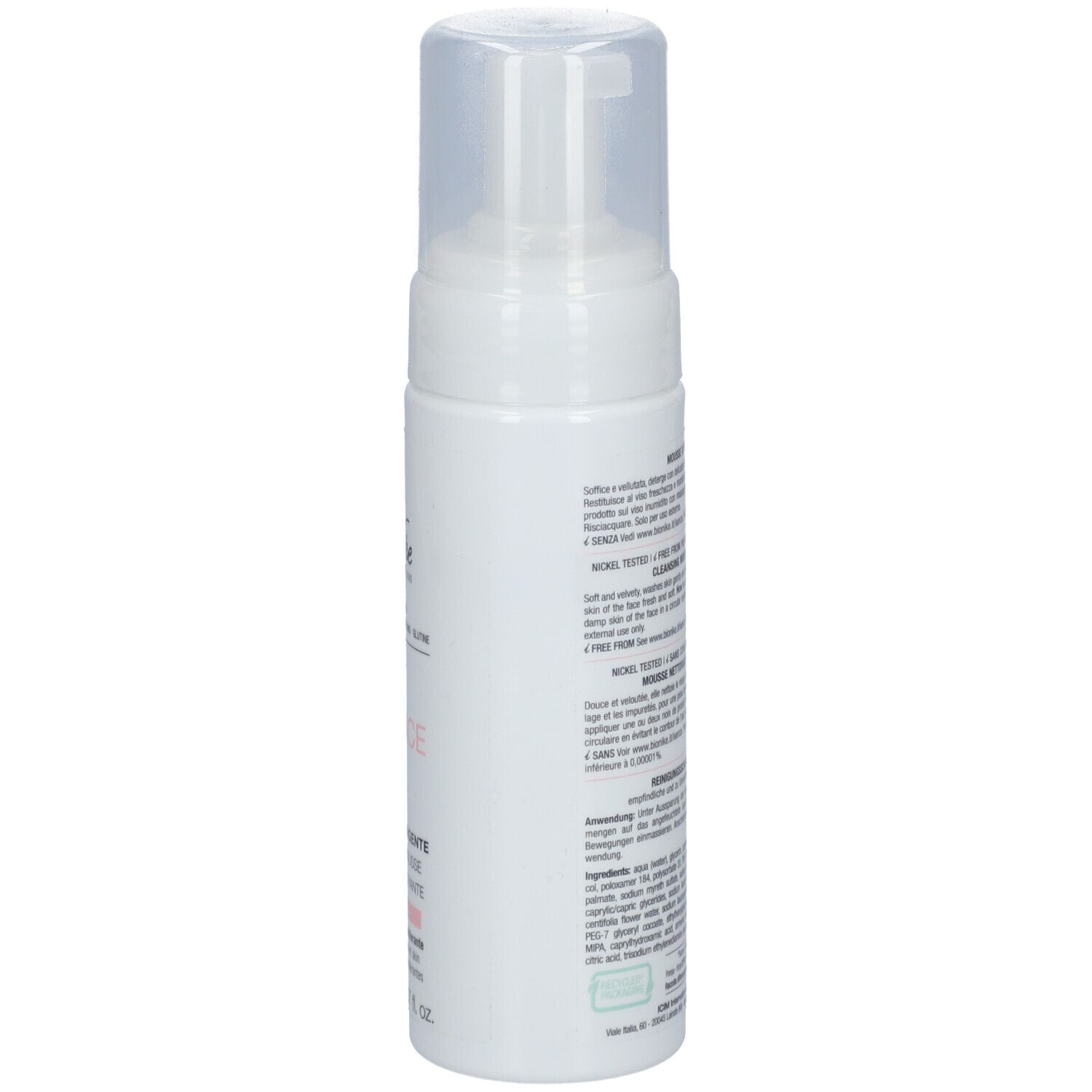 Weiße Flasche mit Sprühkopf. Rückseite mit Text. BioNike DEFENCE Mousse nettoyante.