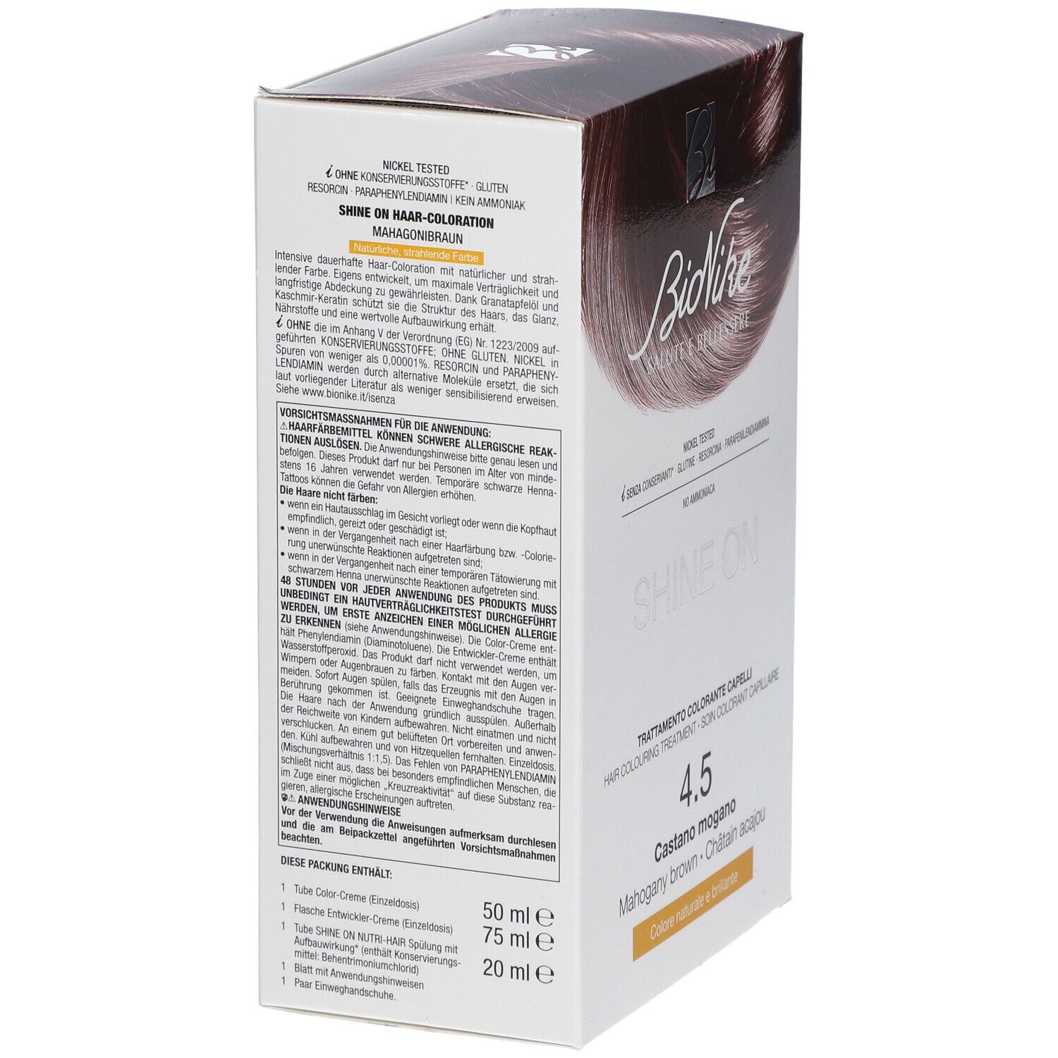 BioNike SHINE ON Haarfärbepflege 4.5 KASTANIE ACAJOU. Verpackung mit Text. Enthält Farbcreme, Entwickler und Pflege.
