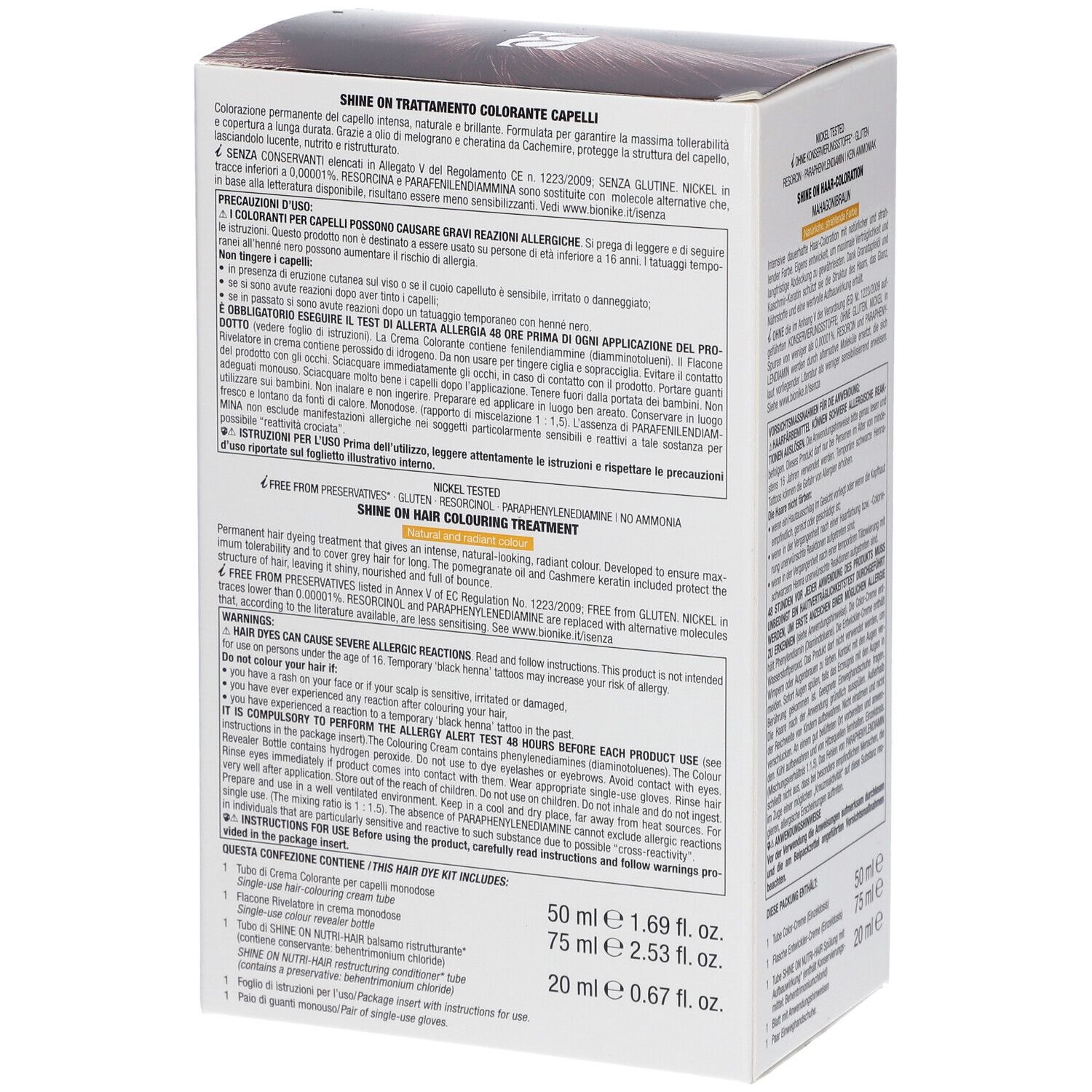 BioNike SHINE ON Haarfärbepflege 4.5 KASTANIE ACAJOU. Verpackung mit Text. Enthält Farbcreme, Entwickler und Pflege.