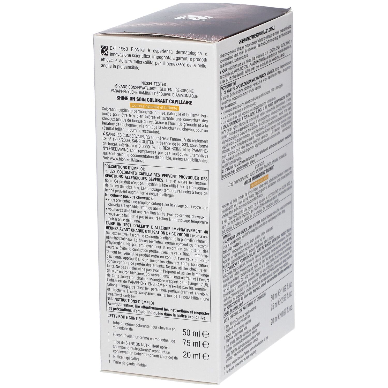 BioNike SHINE ON Haarfärbepflege 4.5 KASTANIE ACAJOU. Verpackung mit Text. Enthält Farbcreme, Entwickler und Pflege.