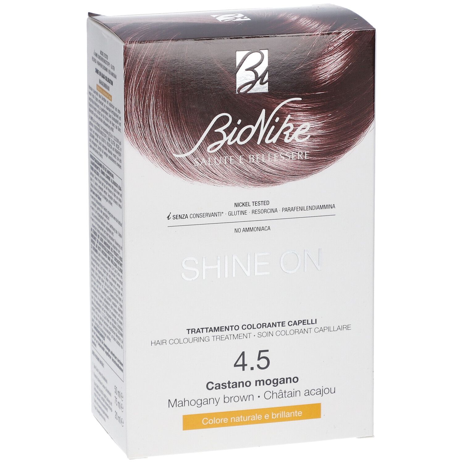 BioNike SHINE ON Haarfärbepflege 4.5 KASTANIE ACAJOU. Karton mit Produktabbildung und Schriftzug. Farbe: Kastanienbraun.