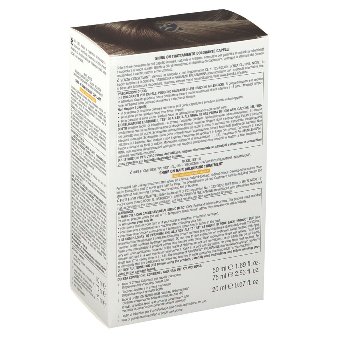 Boîte BioNike SHINE ON 6. Arrière avec texte. Contient des informations sur les ingrédients et l'utilisation.