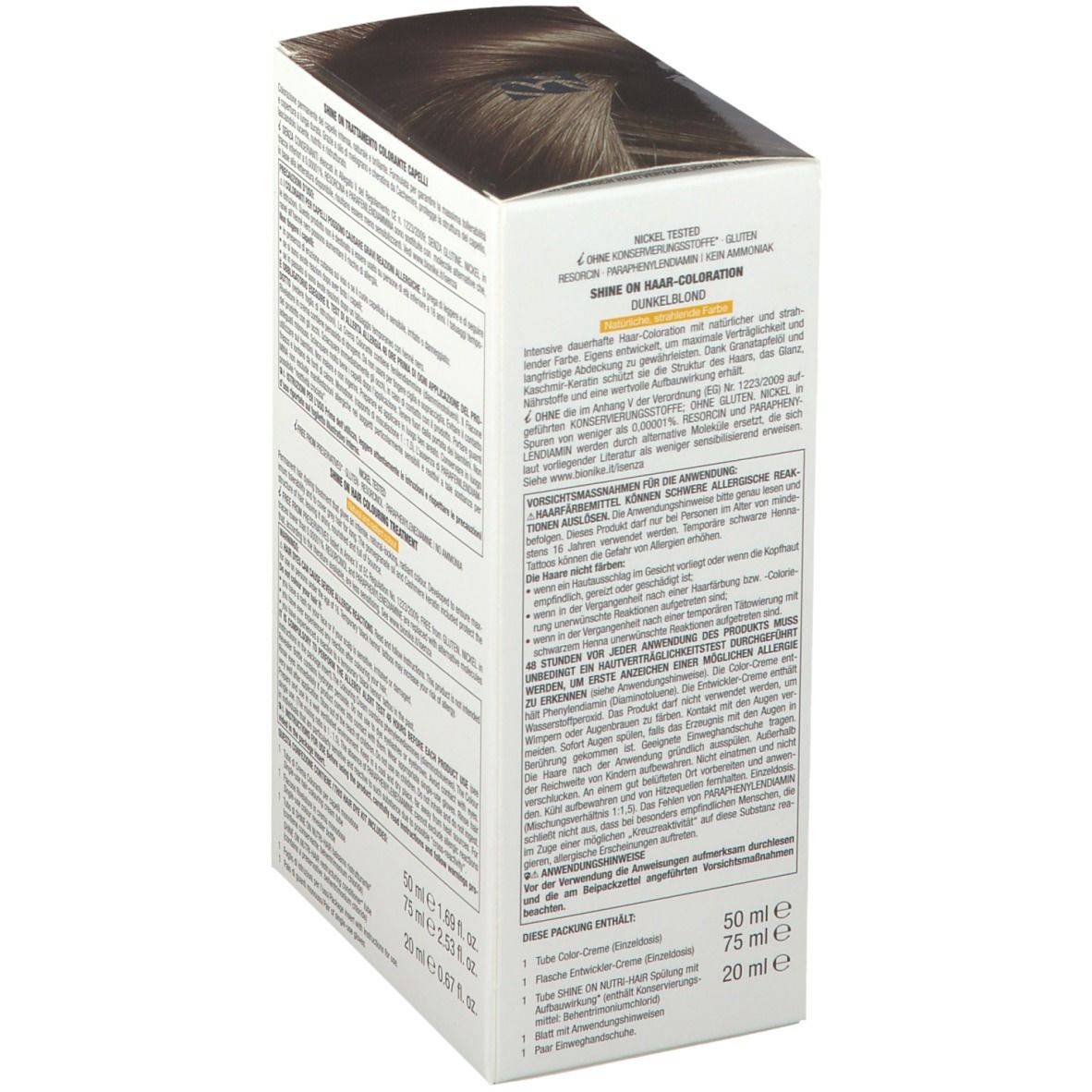 Boîte BioNike SHINE ON 6. Arrière avec texte. Contient des informations sur les ingrédients et l'utilisation.