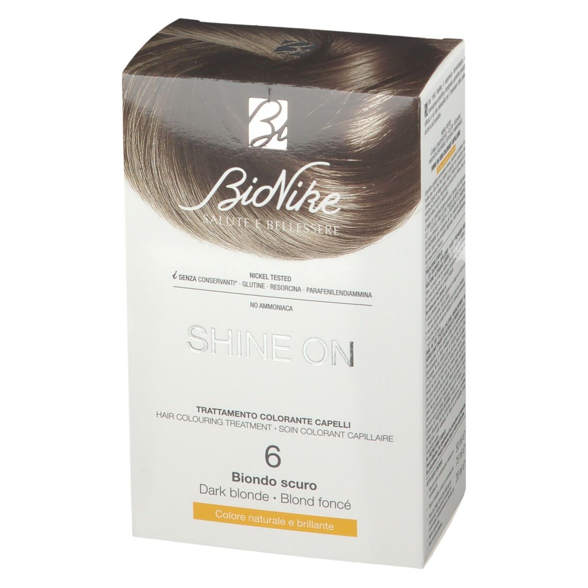 Boîte BioNike SHINE ON 6 Blond foncé. Marque, nom du produit, nuance et autres informations.