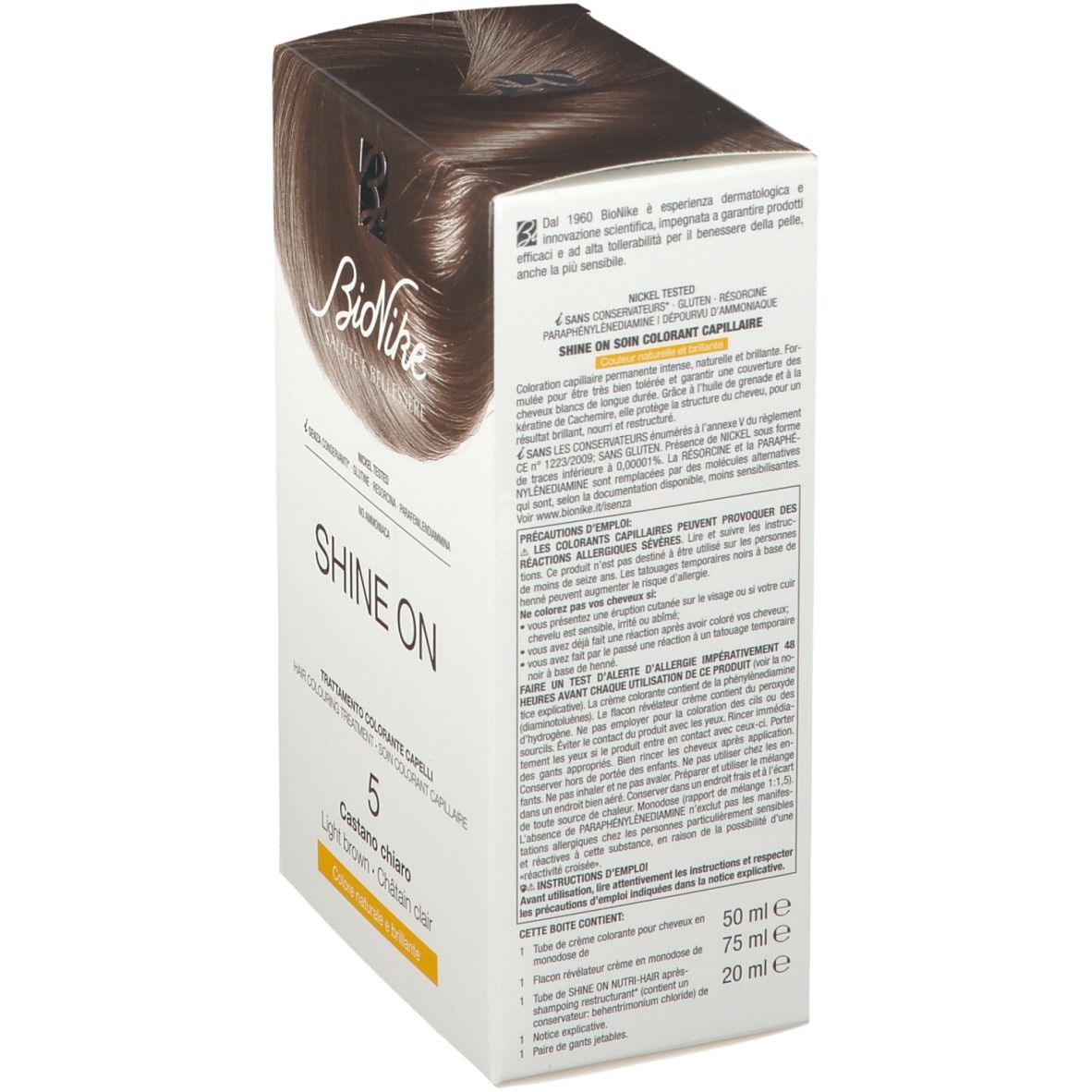 BioNike SHINE ON Hellbraun 5. Schuine verpakking. Tekst: SHINE ON, 5, Castano chiaro, Light brown, Châtain clair. Ingrediënten.
