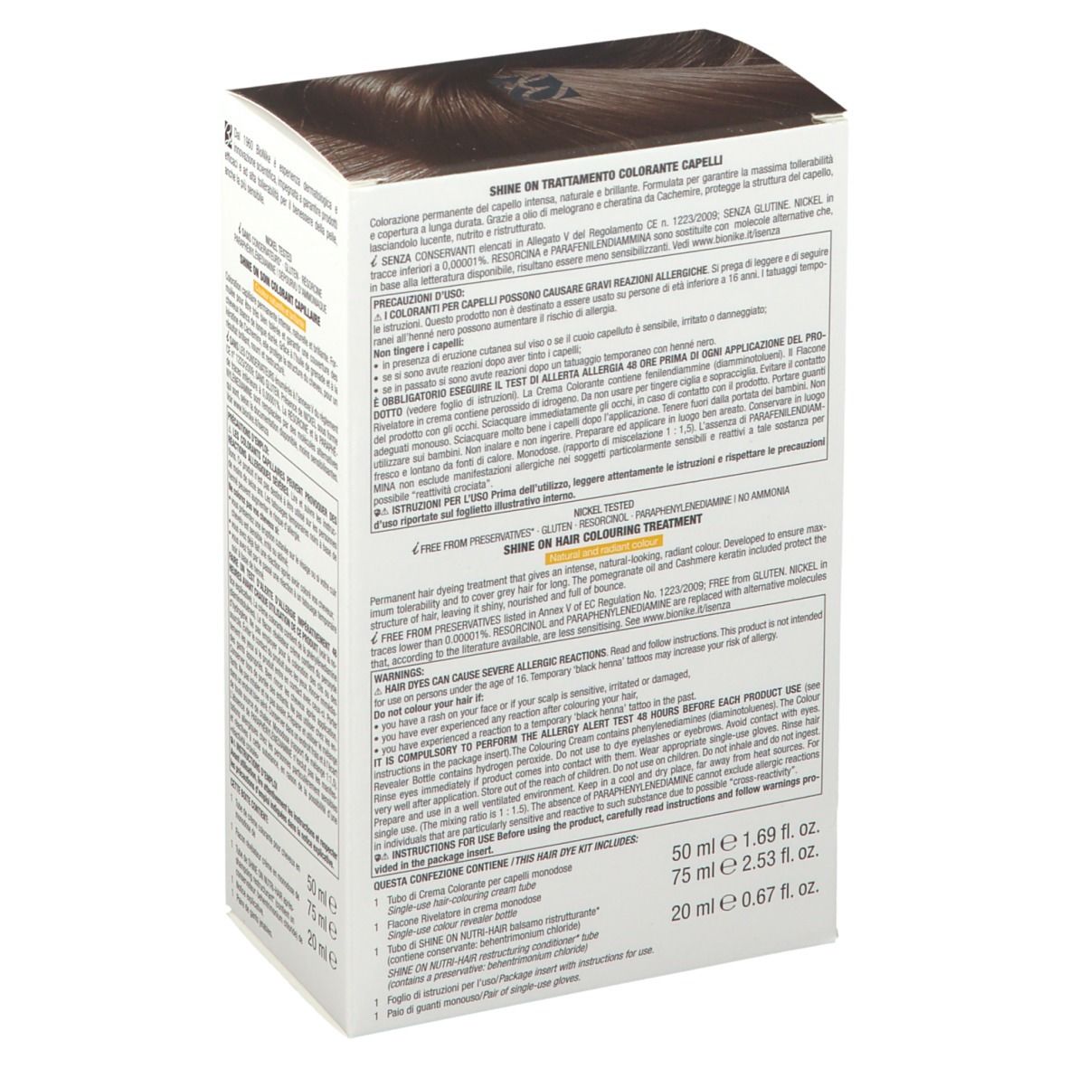 BioNike SHINE ON Hellbraun 5. Schuine verpakking. Tekst: SHINE ON, 5, Castano chiaro, Light brown, Châtain clair. Ingrediënten.