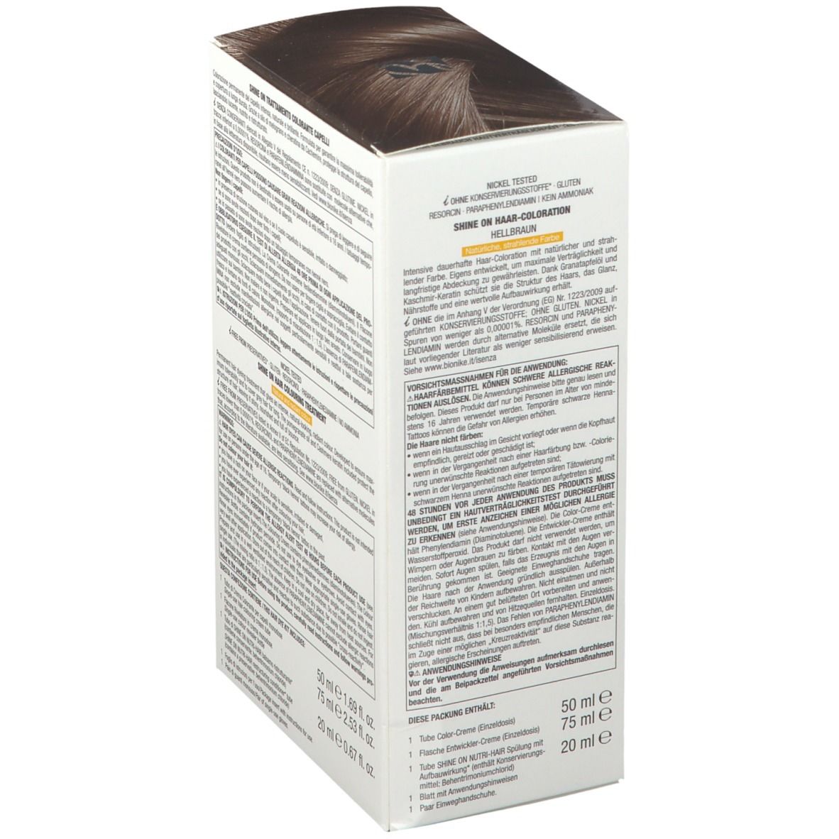 BioNike SHINE ON Hellbraun 5. Schuine verpakking. Tekst: SHINE ON, 5, Castano chiaro, Light brown, Châtain clair. Ingrediënten.
