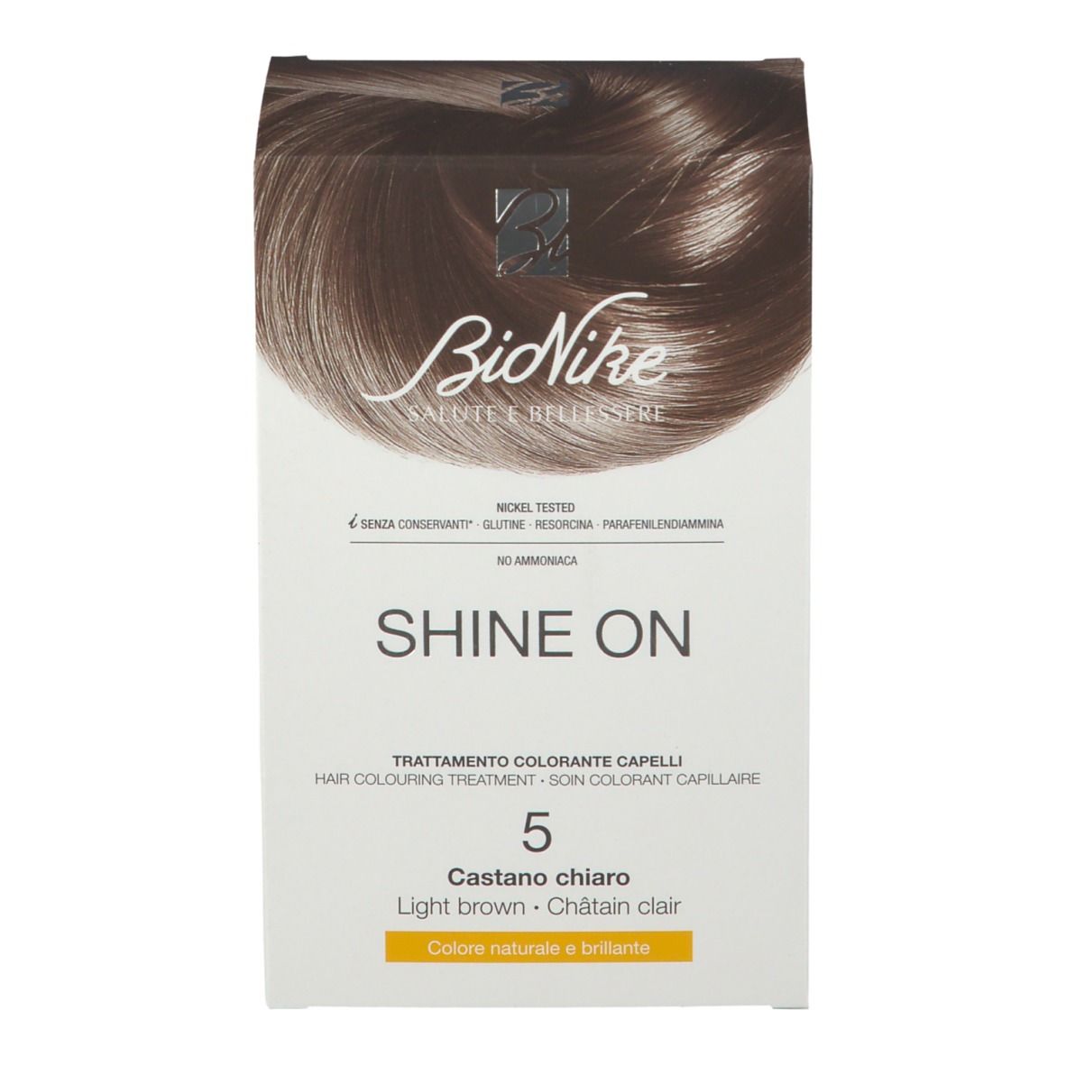 Doos BioNike SHINE ON Hellbraun 5. Productafbeelding. Tekst: SHINE ON, 5, Castano chiaro, Light brown, Châtain clair.