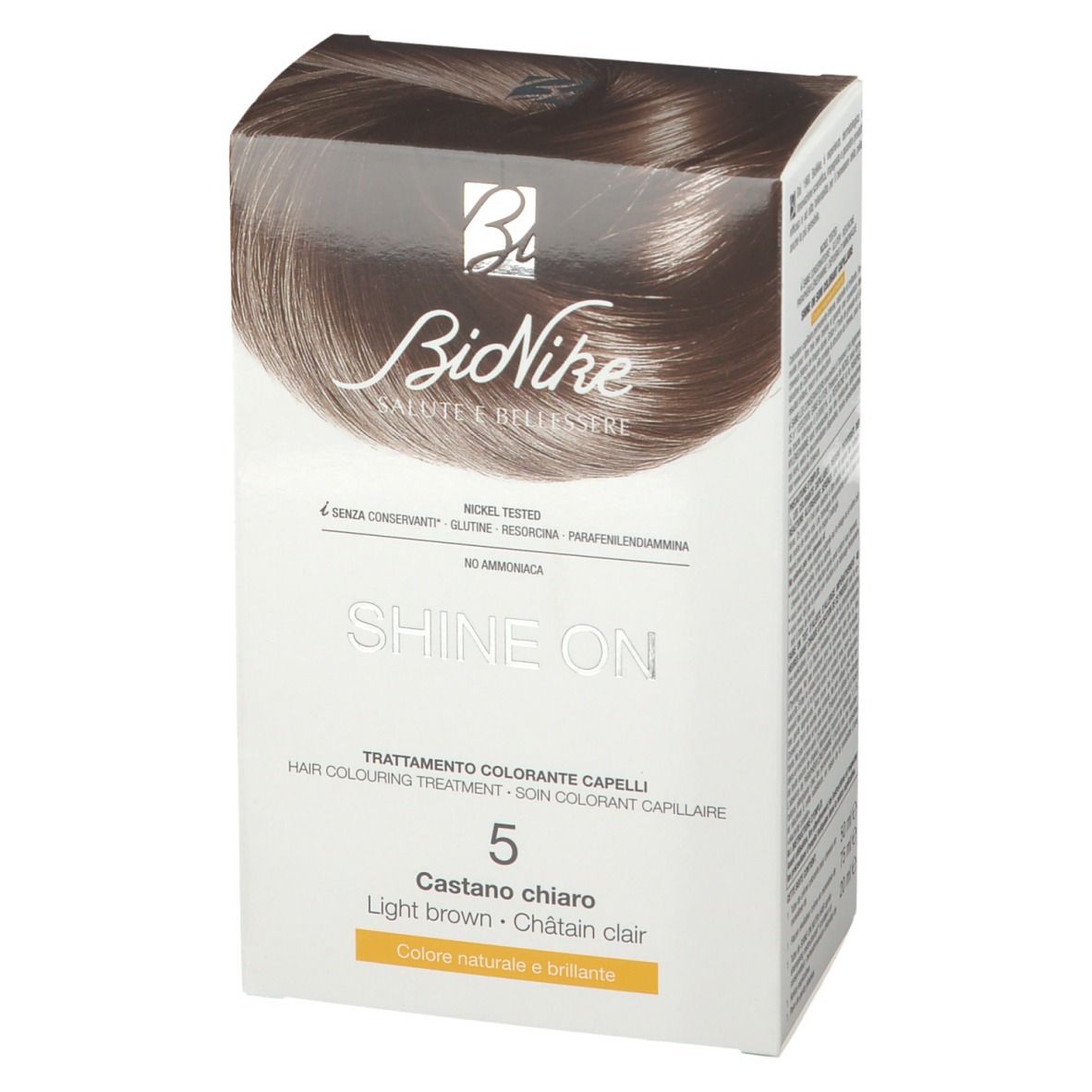 Doos BioNike SHINE ON Hellbraun 5. Productafbeelding. Tekst: SHINE ON, 5, Castano chiaro, Light brown, Châtain clair.