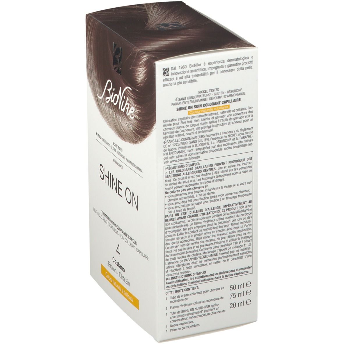 Boîte BioNike SHINE ON Braun 4, vue latérale. Texte : Nickel Tested, sans conservateur, sans gluten et sans ammoniaque.