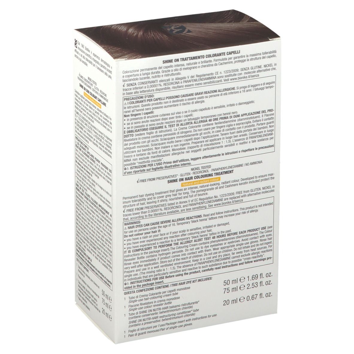 Boîte BioNike SHINE ON Braun 4, dos avec texte. Contient 50 ml, 75 ml et 20 ml. Texte : Nickel Tested, sans conservateur.