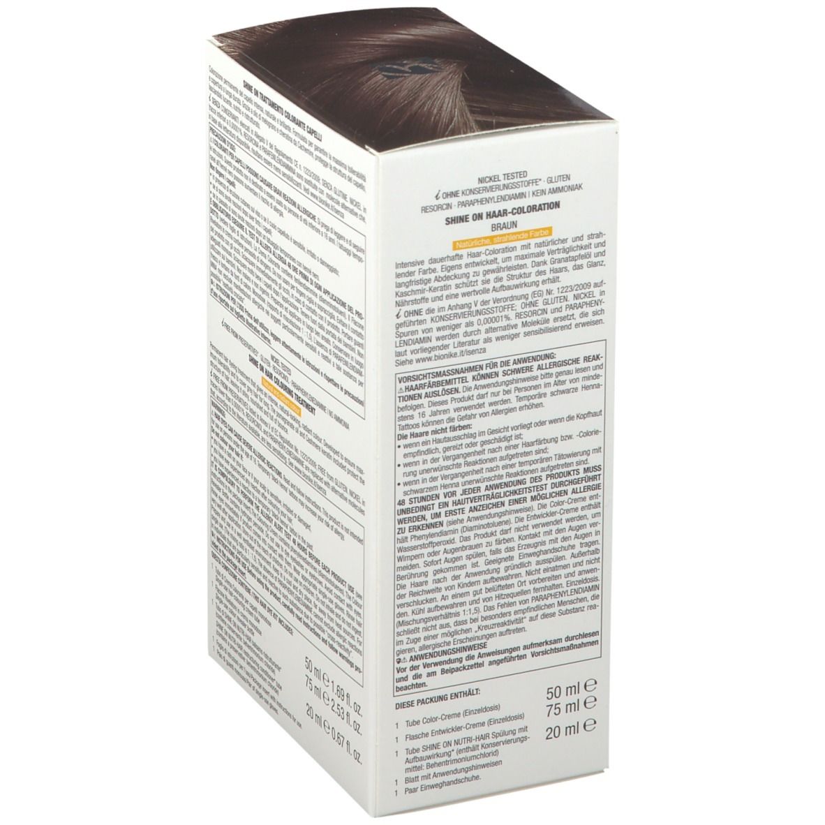 Boîte BioNike SHINE ON Braun 4, dos avec texte. Contient 50 ml, 75 ml et 20 ml. Texte : Nickel Tested, sans conservateur.