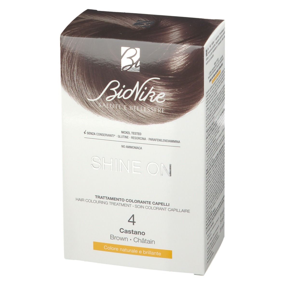 Boîte de coloration capillaire BioNike SHINE ON Braun 4. Brun châtain. Inscriptions : Nickel Tested, sans gluten, sans conservateur.